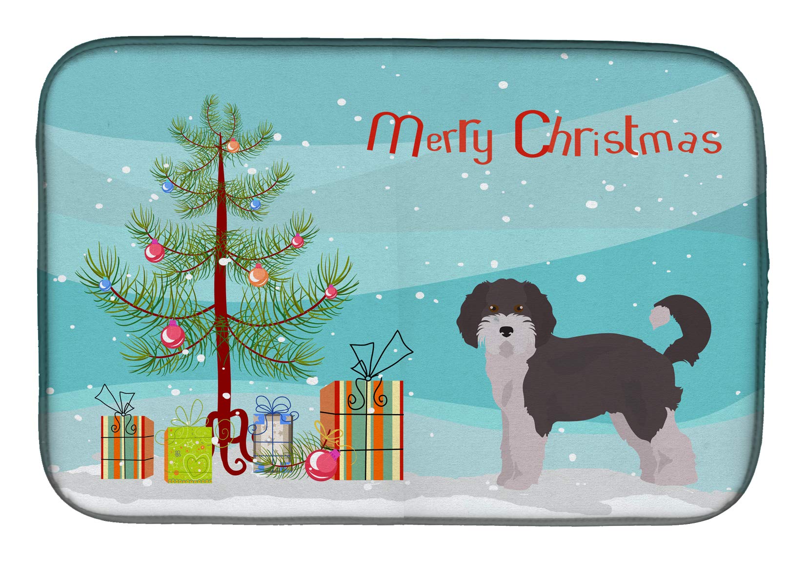 Aussiedoodle Christmas Tree Dish Drying Mat - Absorbent Kitchen Counter Pad for Holiday Decor