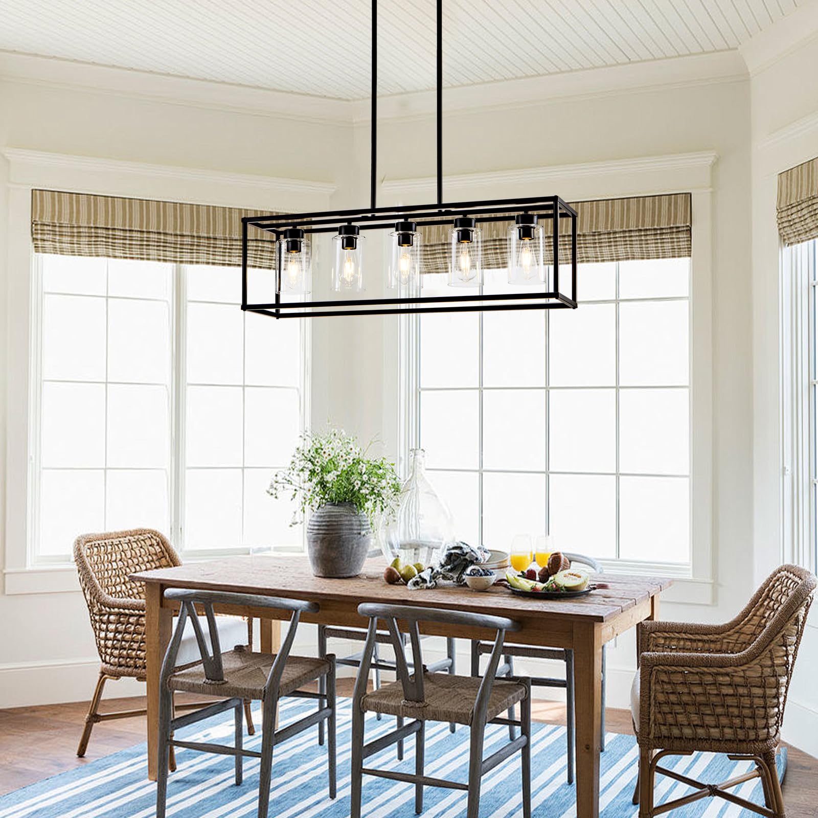 5-Light Matte Black Farmhouse Chandelier - Adjustable Height Rectangular Pendant Lighting for Dining Room, Kitchen & Living Room | Modern Industrial Hanging Light Fixture for Farmhouse, Restaurant & Home Decor