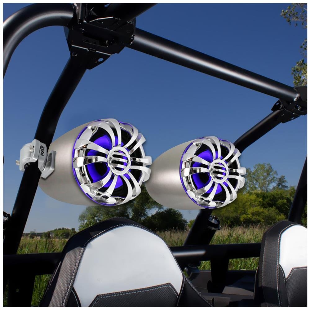 **Pyle PLMRWB50L 5.25 Inch Waterproof Marine Speakers with LED Lights - IP44 Rated Wakeboard Tower & Weatherproof Outdoor Stereo Sound System (Pair, Silver) - Perfect for Boats, Pools, and Outdoor Parties**
