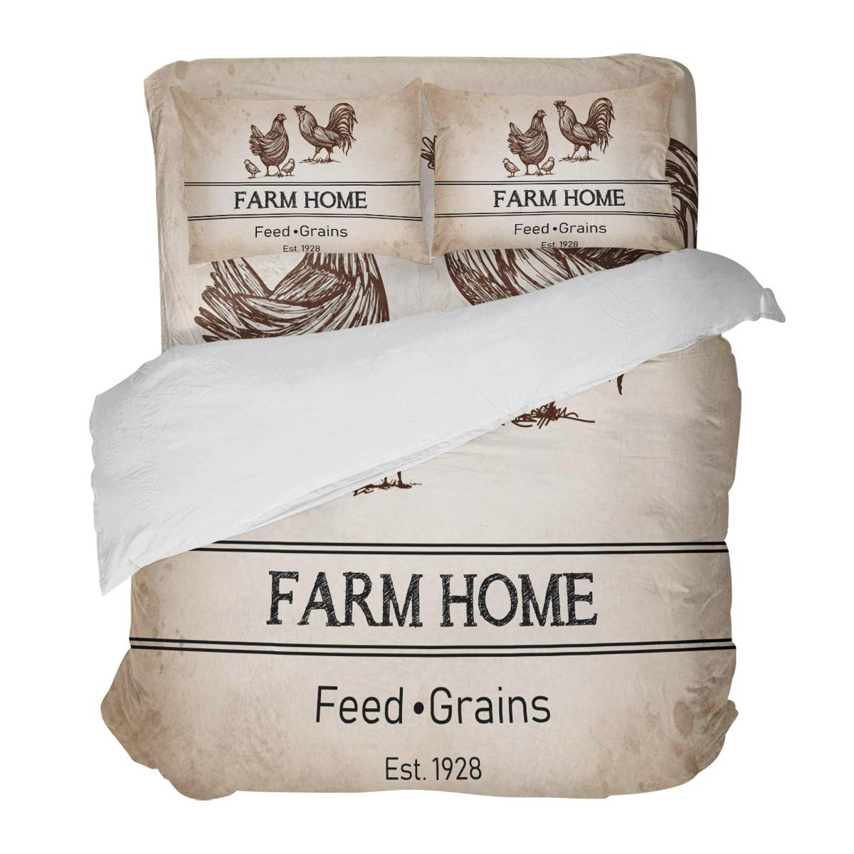 4-Piece Rooster & Farmhouse Chicken Duvet Cover Set - California King Size Luxury Soft Bedding with Decorative Pillowcases | Farm Animal Themed Bedroom Decor for Country Style Homes