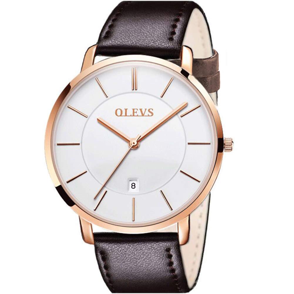 OLEVS Ultra Thin Minimalist Men's Watch - Brown Leather Strap, Waterproof for Daily Wear