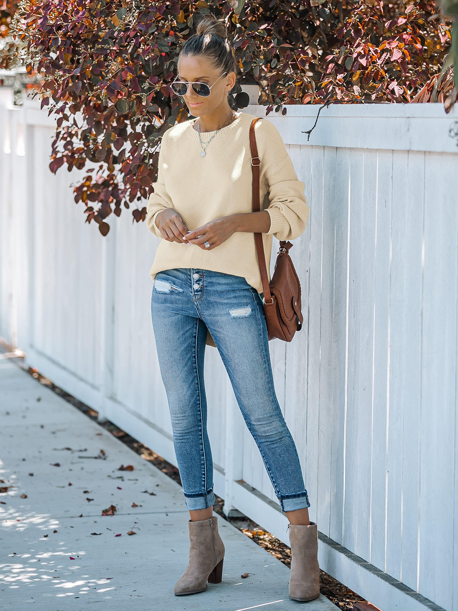 MEROKEETY Women's Fall 2025 Long Sleeve Crew Neck Sweater - Waffle Knit Pullover Top with Balloon Sleeves | Soft & Cozy Jumper for Autumn Outfits, Office Wear & Casual Dates