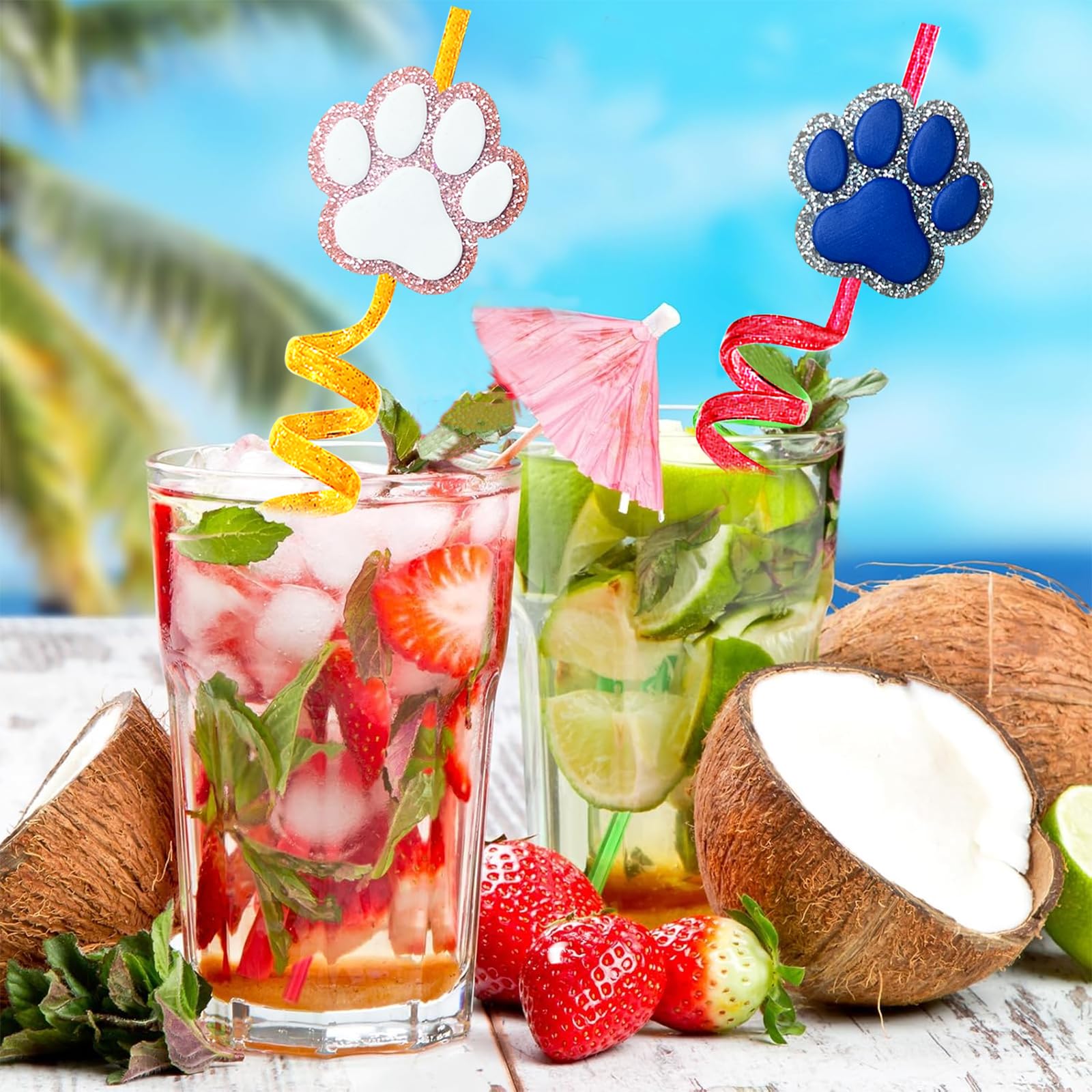 24 Pack Glitter Paw Print Drinking Straws + 2 Cleaning Brushes - Reusable Pet-Themed Straws for Dog Puppy Cat Birthday Parties, Baby Showers & Special Events - Fun Party Decorations & Drinkware Supplies