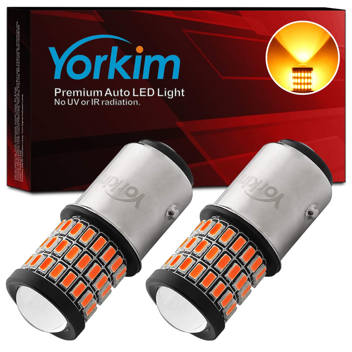 Yorkim Super Bright 1157 LED Bulbs Amber - 9-30V 1157 2057 2357 7528 BAY15D LED Bulb with Projector for Brake Lights, Tail Lights & Reverse Lights - Pack of 2 - Perfect for Car, Truck & Motorcycle Lighting Upgrades