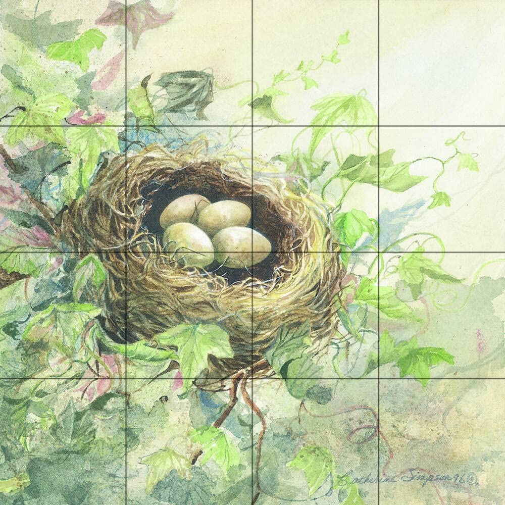 Finch Nest Tile Mural Kitchen Backsplash - Handmade Ceramic Wall Art by Catherine Simpson - Perfect for Farmhouse & Cottage Style Kitchen Decor