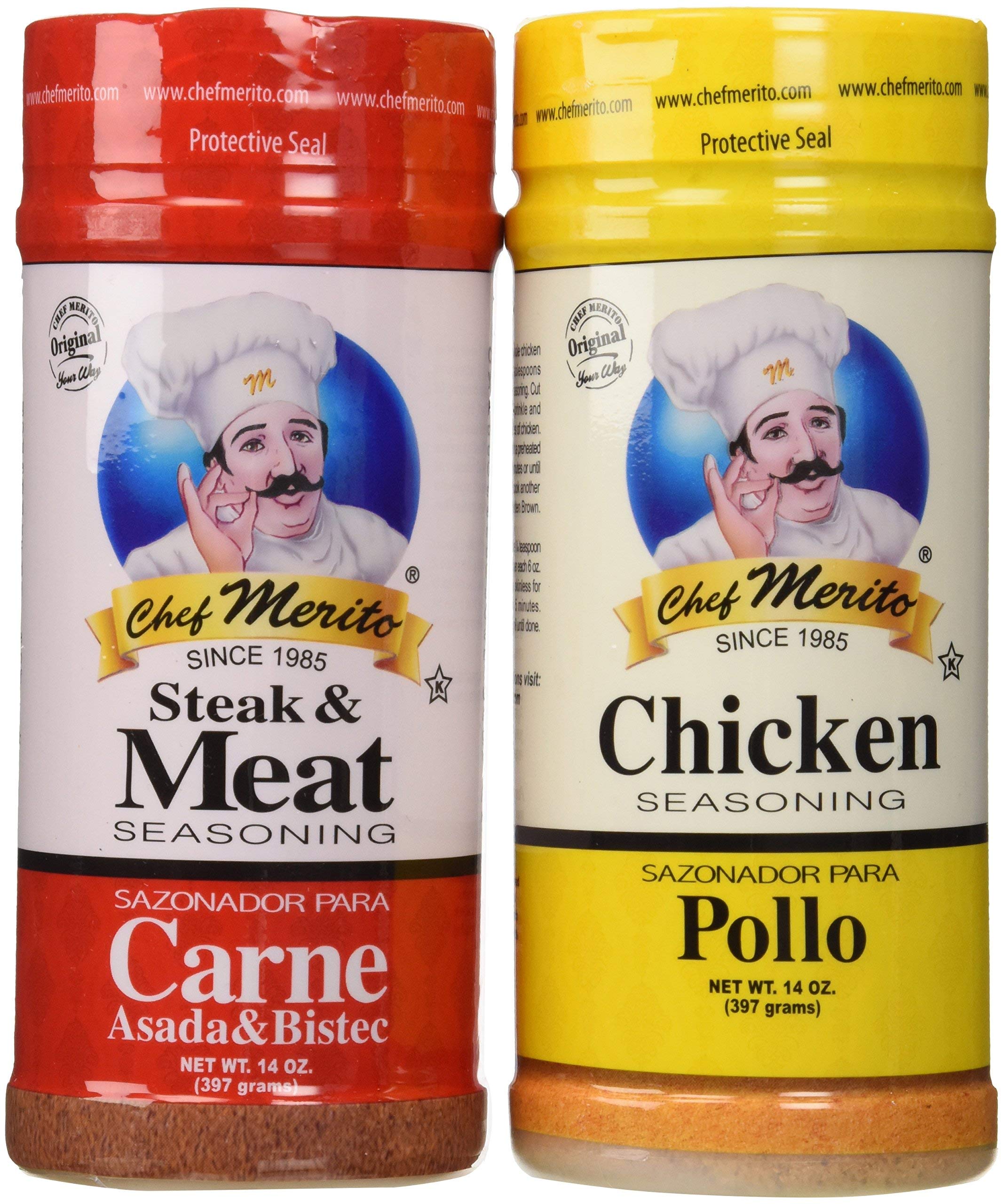 Carne Asada Chef Merito Beef & Chicken Seasoning Combo Pack 14oz (2-Pack) | Premium Mexican Spice Blend for Grilling, Tacos & Fajitas | Authentic Flavor Enhancer for Steak, Chicken & BBQ