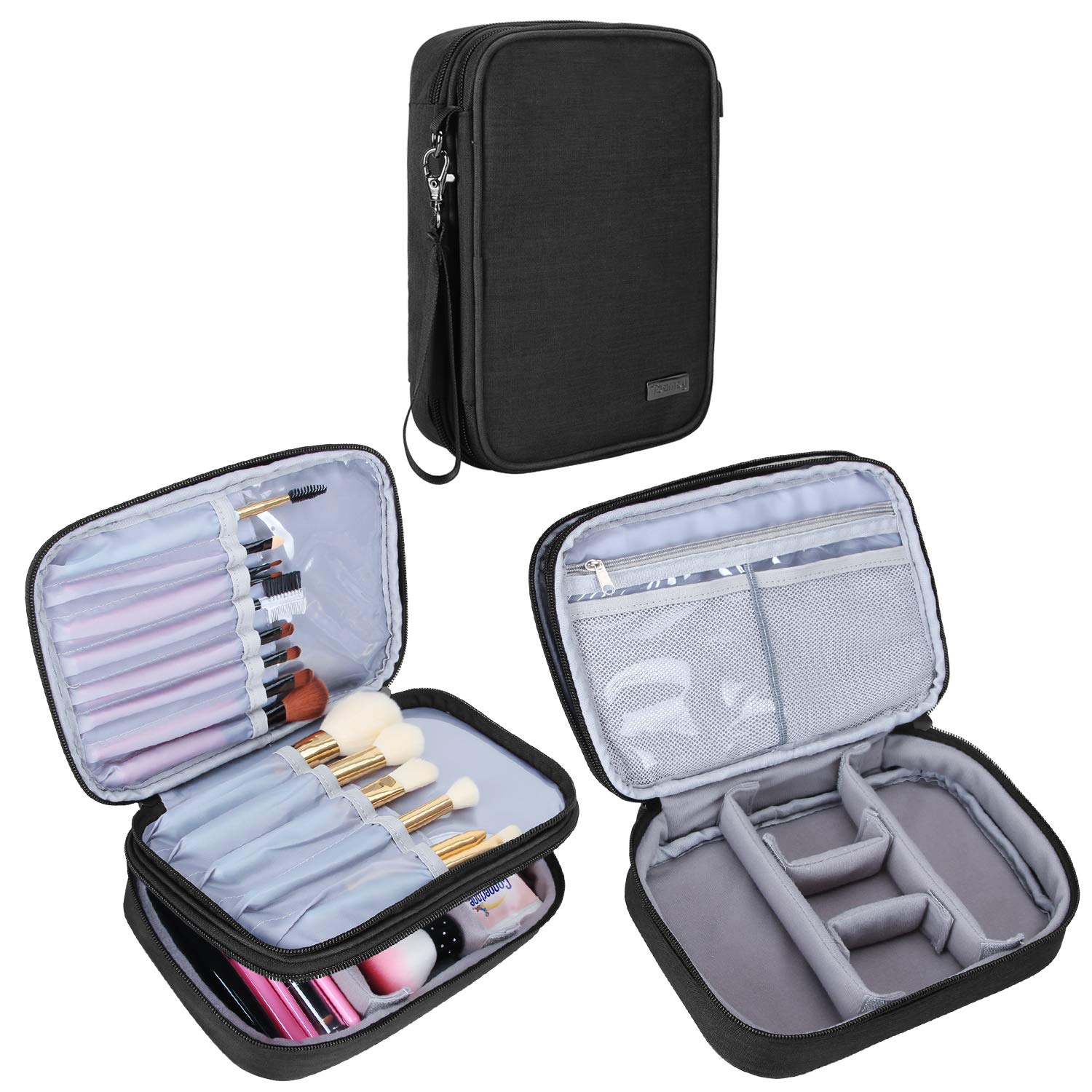 Teamoy Professional Travel Makeup Brush Organizer Case - 8.8 Inch Cosmetic Train Bag with Handle Strap for Brushes & Makeup Essentials (Medium, Black) - Perfect for Travel, Salon & Home Makeup Organization