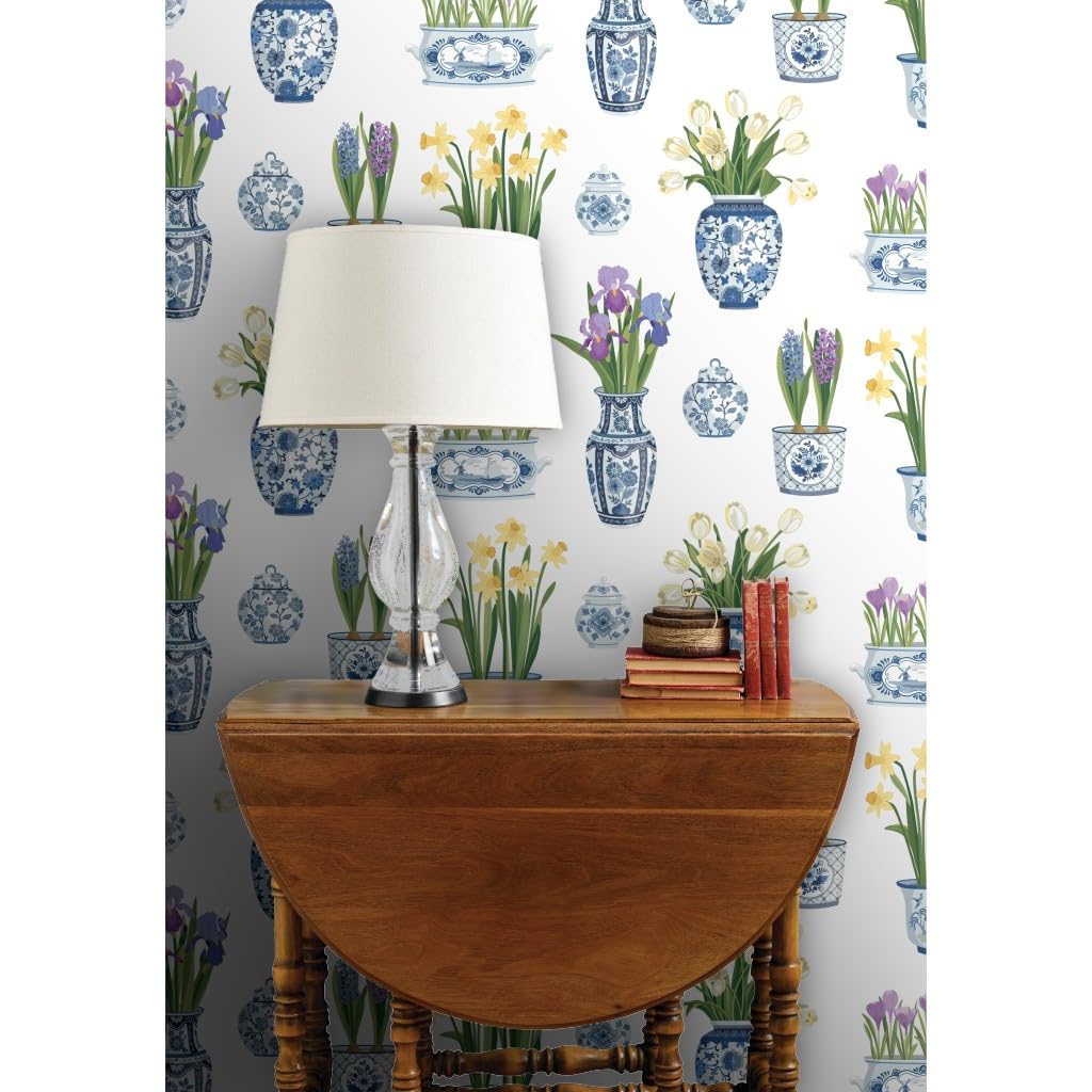 Premium Commercial Grade Wallpaper 27ft x 2ft - Floral Pots, Vases & Tulips Chinoiserie Delft Traditional Design | Spoonflower | Perfect for Living Room, Bedroom & Dining Room Decor