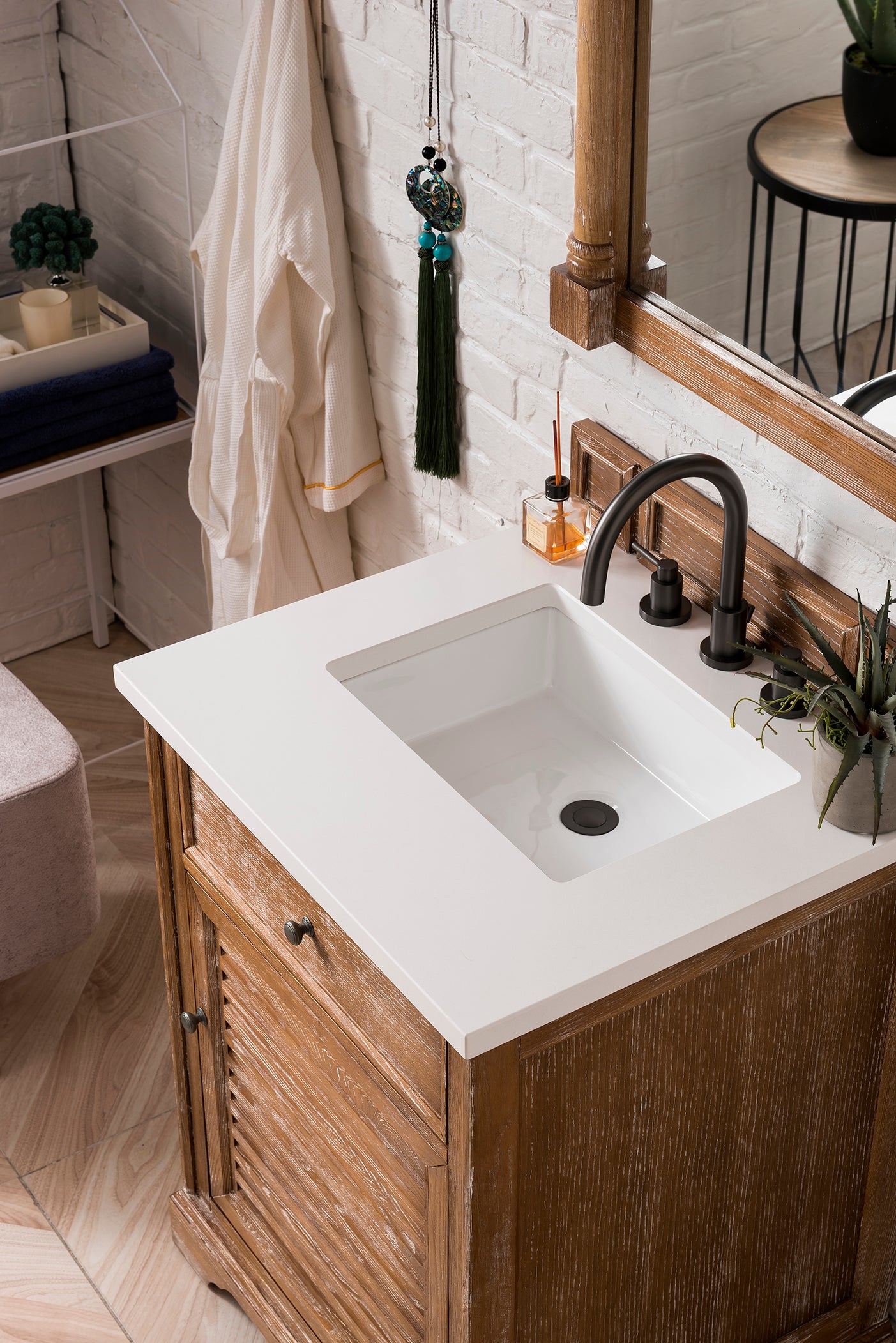 Savannah 26 Inch Single Vanity Cabinet with 3CM Classic White Quartz Top - Driftwood Finish for Bathroom Makeover | Space-Saving Storage Solution for Small Bathrooms