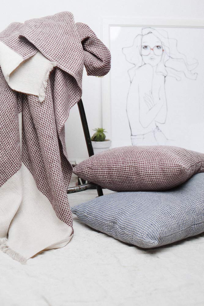Soft Waffle Linen Throw Pillow 24x16 Inch - Burgundy Textured Decorative Cushion | Certified Natural & Sustainable European Linen | Perfect for Sofa, Bedroom & Living Room Decor