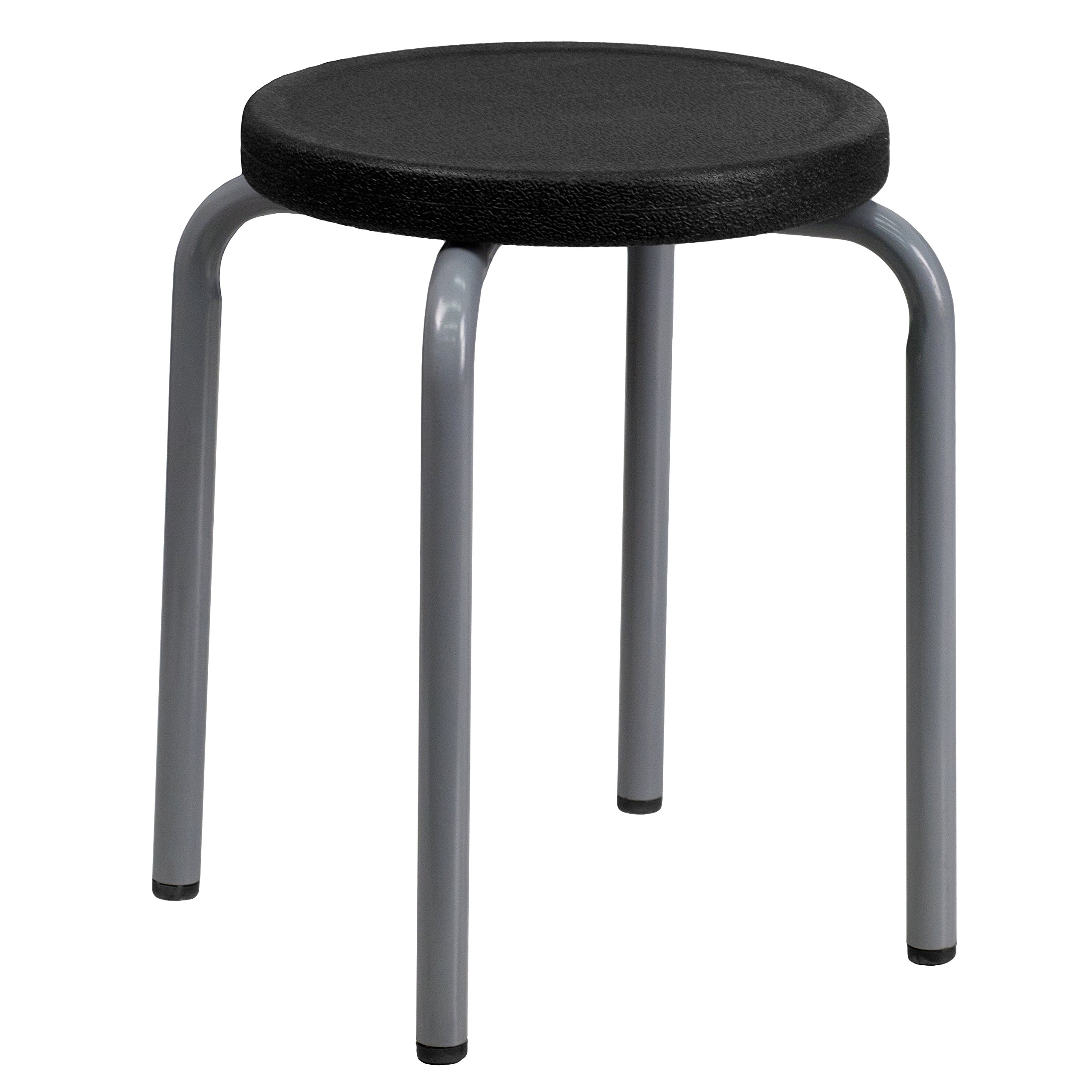 Stackable Stool with Black Seat & Silver Powder Coated Frame - Durable Metal Bar Stool for Kitchen, Dining Room, or Outdoor Patio Use