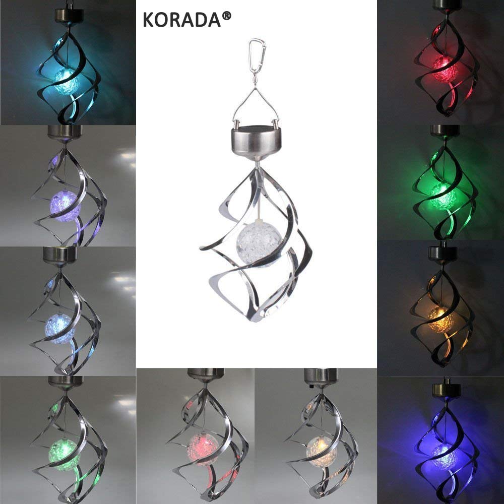 KORADA Solar Powered LED Hanging Lights with Wind Chimes - Waterproof Color Changing Outdoor Spiral Spinner Lamp for Garden, Patio, Balcony Decoration | Perfect for Backyard, Porch & Indoor Decor
