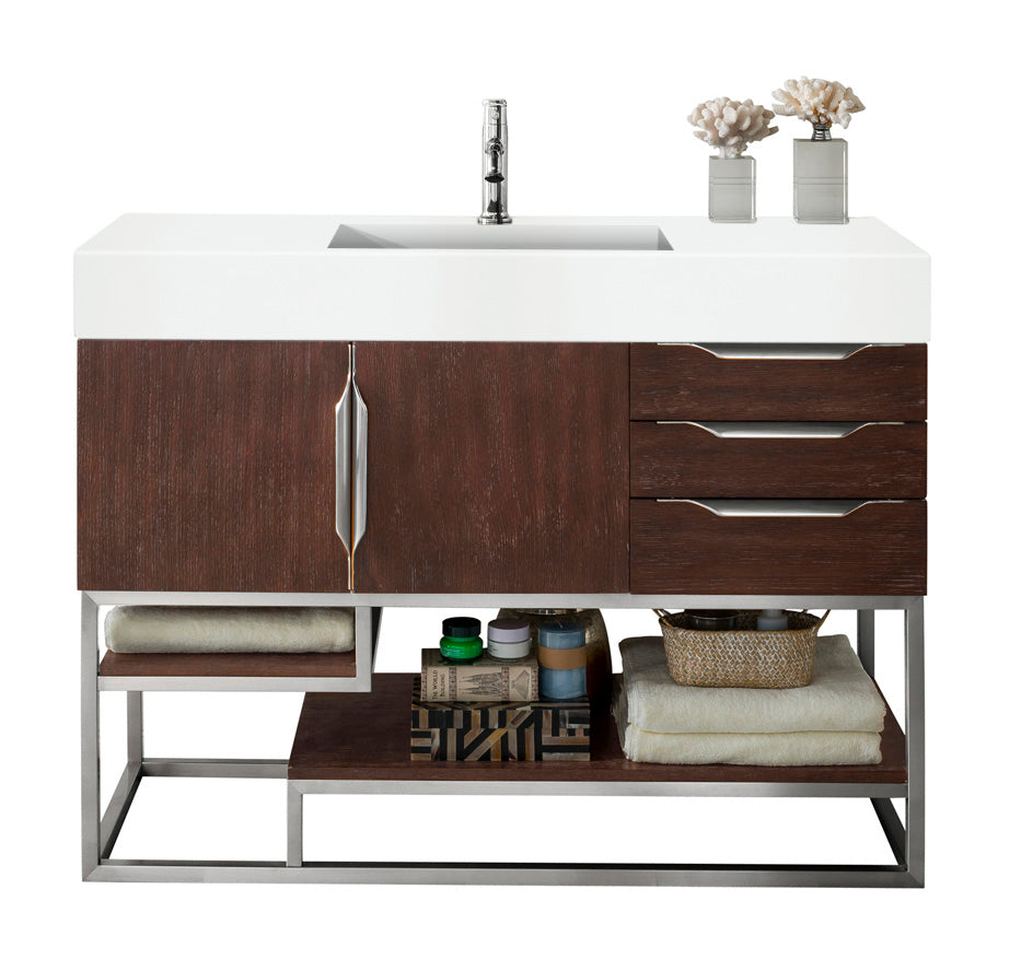 Columbia 48 Inch Single Bathroom Vanity in Coffee Oak with Glossy White Composite Top - Perfect for Modern Home Renovation and Small Space Bathroom Design