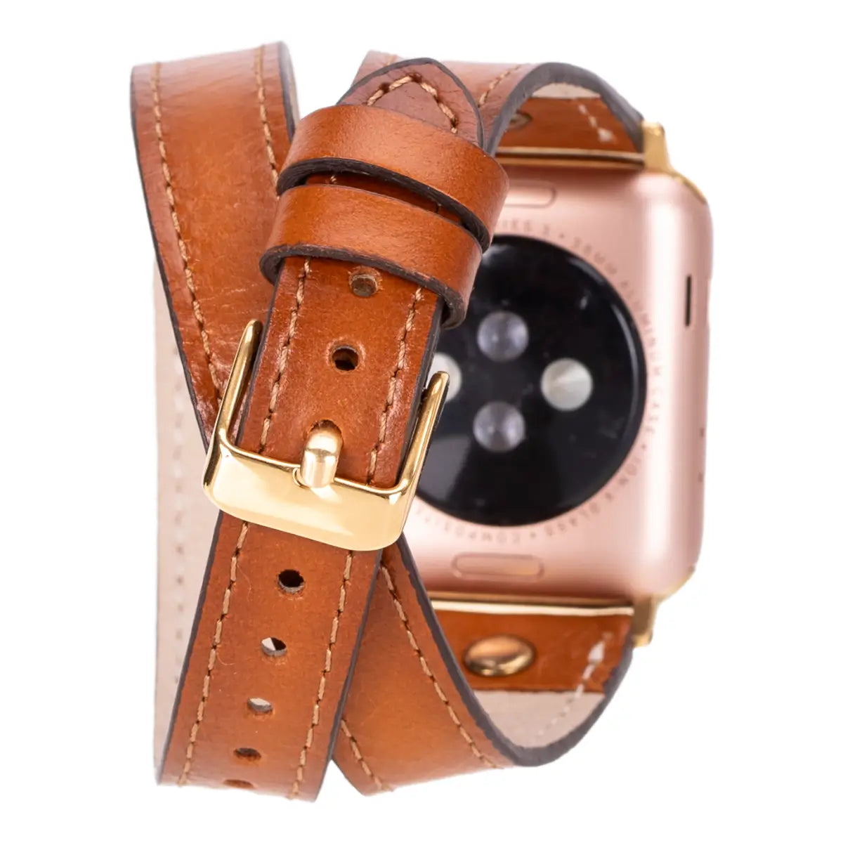 Burnished Tan Leather Double Tour Slim Apple Watch Band with Gold Rivet - Stylish & Durable Replacement Strap for Work, Travel & Everyday Wear