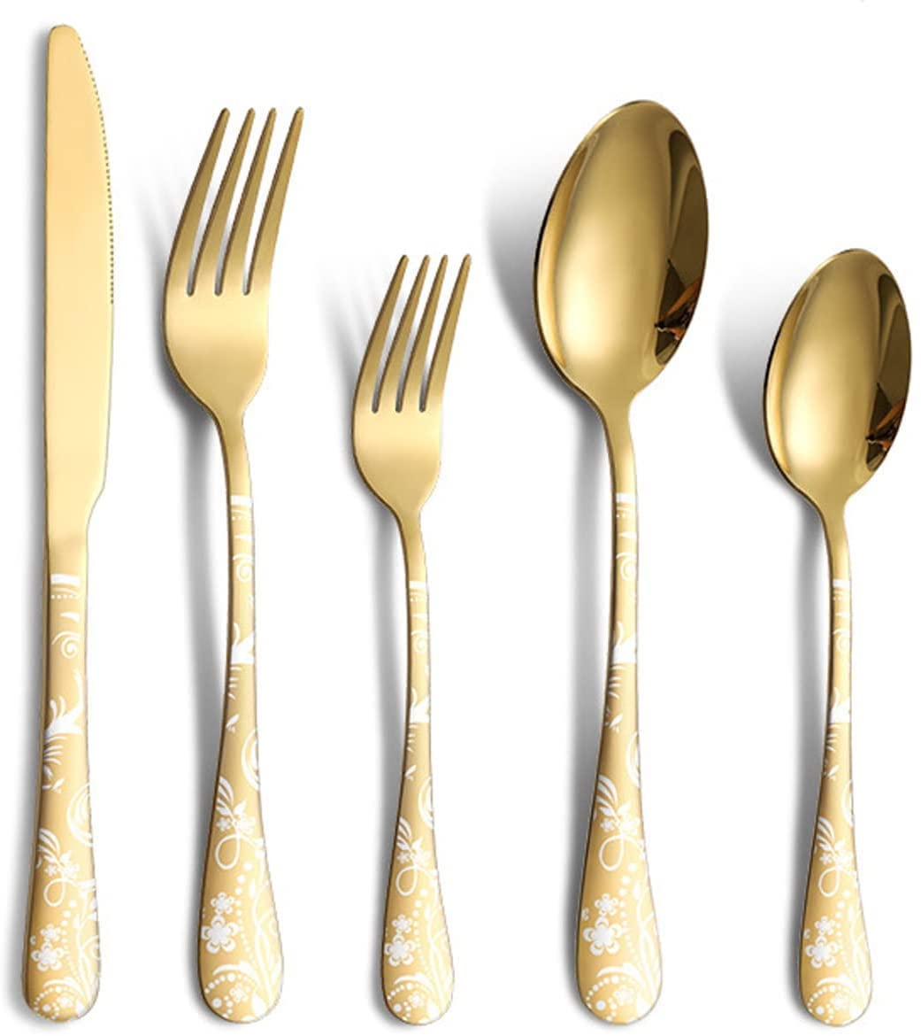 80-Piece Gold Silverware Set for 16 with Steak Knives - Premium Stainless Steel Flatware Cutlery Set - Knives, Forks & Spoons Set - Unique Elegant Pattern Design - Dishwasher Safe - Perfect for Dinner Parties, Weddings & Holiday Gatherings