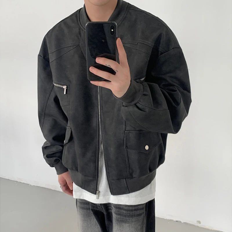 American Style Men's PU Leather Jacket - Casual Patchwork Zipper Coat, Solid Color Loose Fit Male Outerwear (Winter 2024 Fashion) for Streetwear & Daily Outfits | Model 9C6885