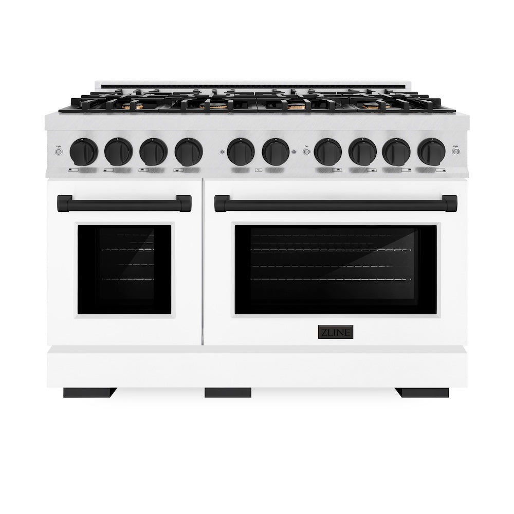 ZLINE Autograph Edition 48-Inch 6.7 cu. ft. Double Oven Gas Range with 8-Burner Cooktop - Satin Stainless Steel, White Matte Doors & Black Accents (HGRSZ WM 48 MB) | Professional Kitchen Appliance for Home Chefs & Cooking Enthusiasts