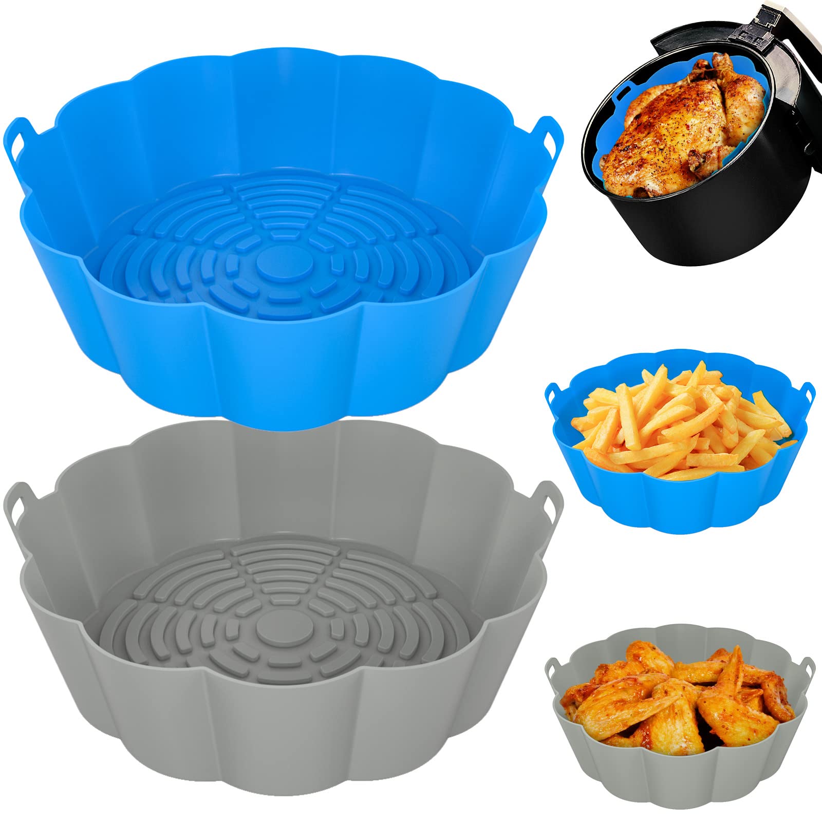2 Pack Reusable Air Fryer Silicone Liners - Food Grade, Non-Stick, 8.5 Inch Round Inserts for 5-8 QT Air Fryer Baskets (Blue & Grey) - Perfect for Healthy Cooking, Easy Cleanup & Crispy Results