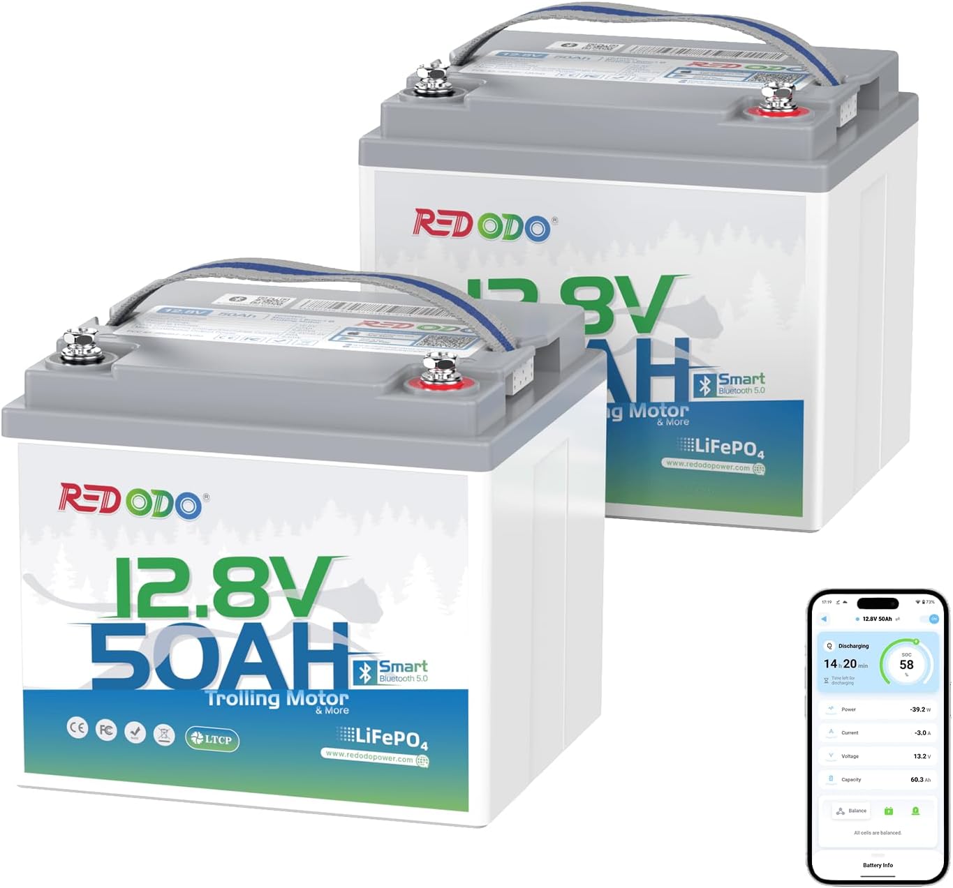 Redodo 12V 50Ah Deep Cycle Lithium Battery with Bluetooth for Trolling Motors (Up to 70lb Thrust) - Perfect for Kayak Fishing, Boat Trolling, and Marine Applications