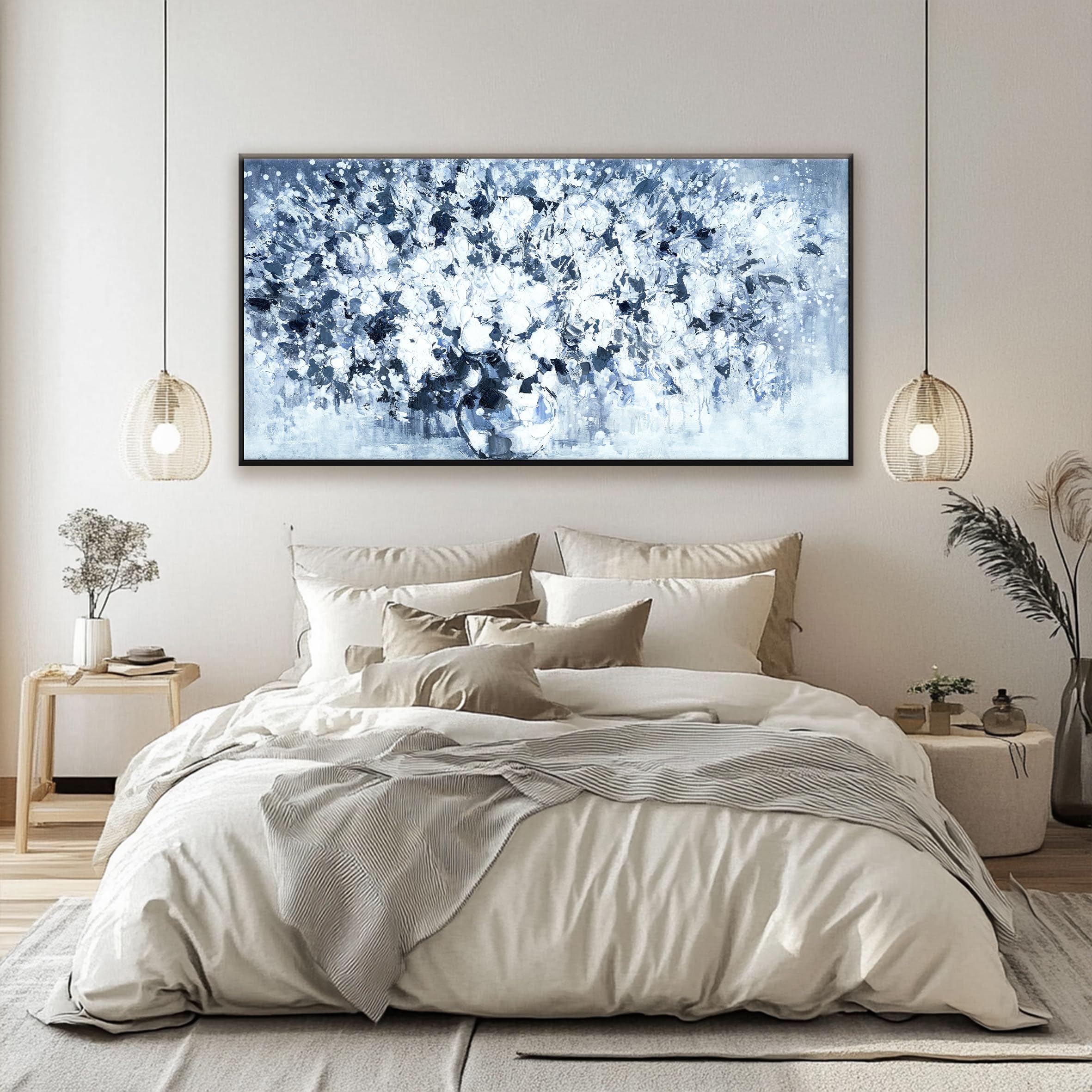 Large Canvas Wall Art Decor - Blue and White Floral Framed Wall Pictures for Living Room, Bedroom, Office, Kitchen - 29 x 58 Inch Home Wall Decor