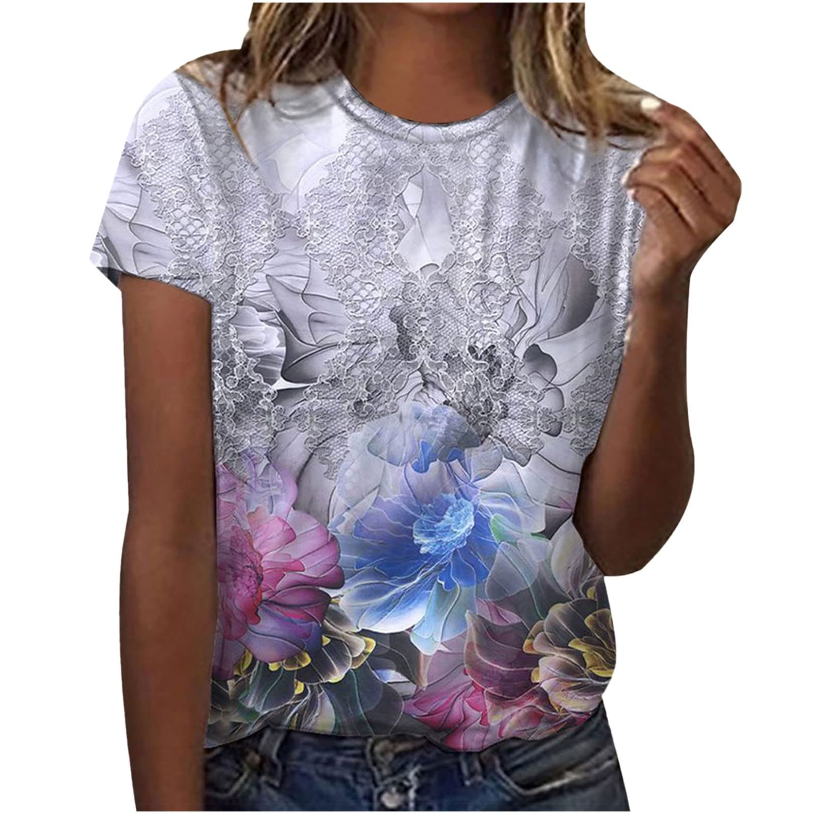 Floral Print Women's T-Shirt - Summer Crew Neck Short Sleeve Graphic Tee | Lightweight Casual Blouse for Everyday Wear, Weekend Outings & Vacation Style