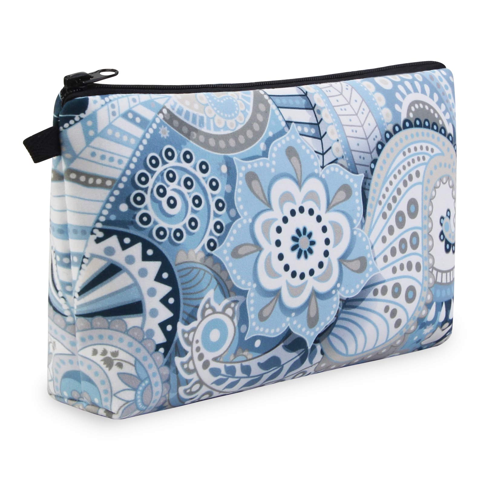 MAGEFY Women's Waterproof Travel Makeup Bag with Black Zipper - Portable Cosmetic Organizer Pouch for Toiletries & Beauty Essentials (Blue Floral Design) - Perfect for Daily Use, Gym, Vacation & Business Trips
