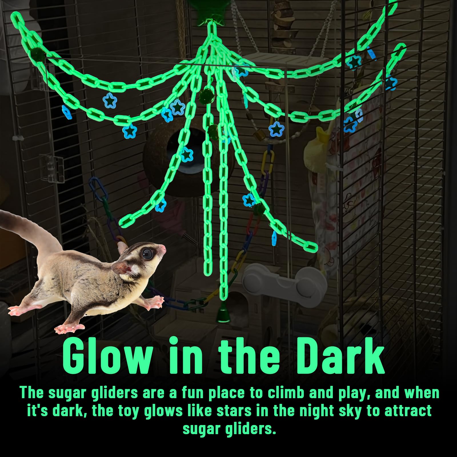 Glow in the Dark Sugar Glider Climbing Toys - Hanging Swing & Exercise Accessories for Sugar Gliders, Hamsters & Rats - Cage Enrichment for Climbing, Jungle Exploration & Nighttime Play