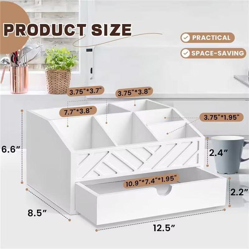 Wooden Coffee Bar Organizer with Drawer - Countertop Coffee Station Organizer for K-Cups, Spoons & Condiments - Farmhouse Style Coffee Accessories Holder for Home, Office & Kitchen Decor (White) - Perfect for Organizing Coffee Pods, Creamers & Sweeteners in Your Coffee Corner