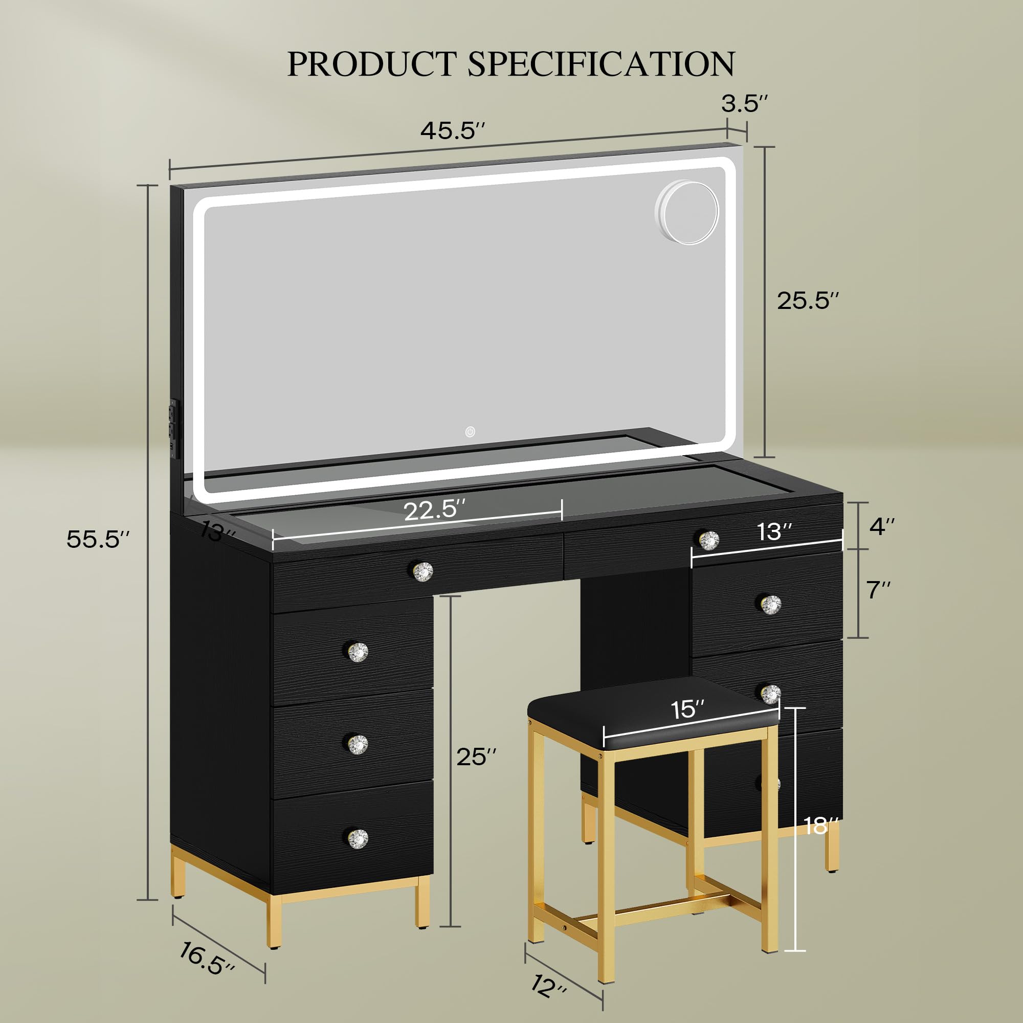 DWVO Vanity Desk with LED Lighted Mirror, Power Outlet & Magnifying Glass - 8 Drawer Makeup Dressing Table with 3 Color Modes (Black) for Bedroom, Dressing Room & Home Salon | Perfect for Makeup Application, Skincare Routine & Hair Styling
