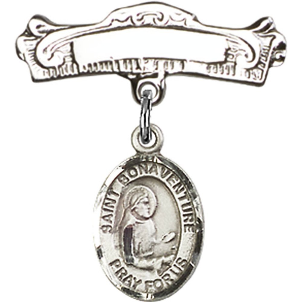 Sterling Silver Baby Badge with St. Bonaventure Charm - 7/8 X 7/8 Inches Arched Polished Pin - Perfect for Christening Gifts, Baptism Jewelry & Baby Keepsakes