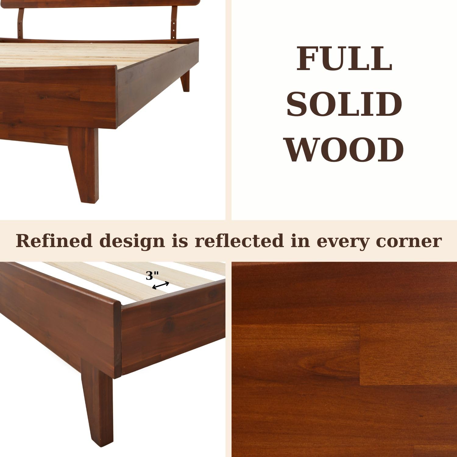 Bme Caden 15 Inch Deluxe Bed Frame with Adjustable Headboard - Mid Century Modern Retro Style Acacia Wood Platform Bed - No Box Spring Needed - 12 Strong Wood Slat Support - Easy Assembly - Dark Chocolate Finish - Full Size Bed for Master Bedroom, Guest Room & Apartment