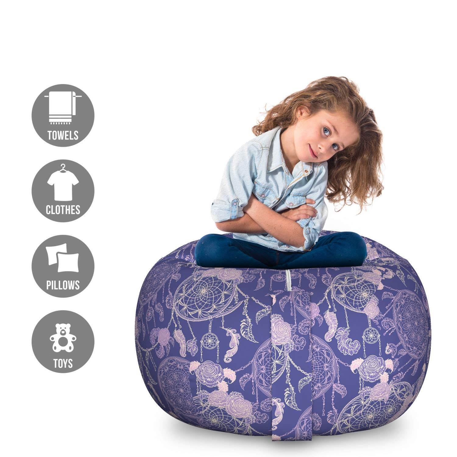 Ambesonne Boho Storage Toy Bag Chair - Dreamcatchers & Roses Pattern, Large Washable Stuffed Animal Organizer (Dark Lavender) | Kids Room Decor, Nursery Storage, Playroom Organization