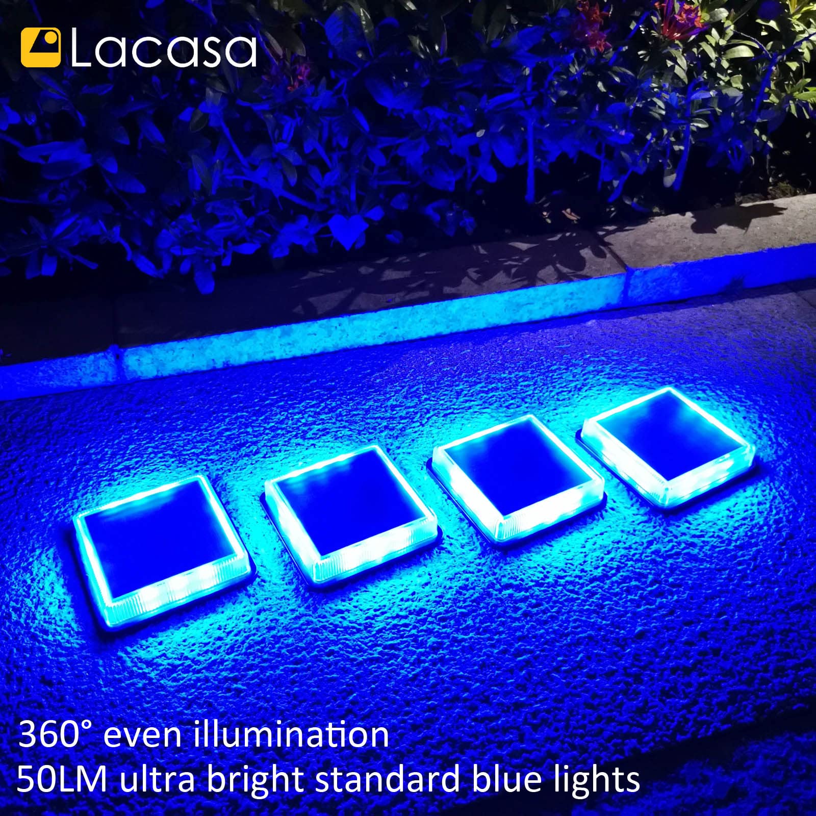Lacasa 4-Pack Blue Solar Deck Lights - Dusk to Dawn Large Battery Step Lights, Waterproof Solar Powered LED Dock Lights for Outdoor Garden, Stairs, Driveway, Walkway, Pathway & Warning Lighting - Perfect for Patio, Backyard, Poolside & Landscape Illumination
