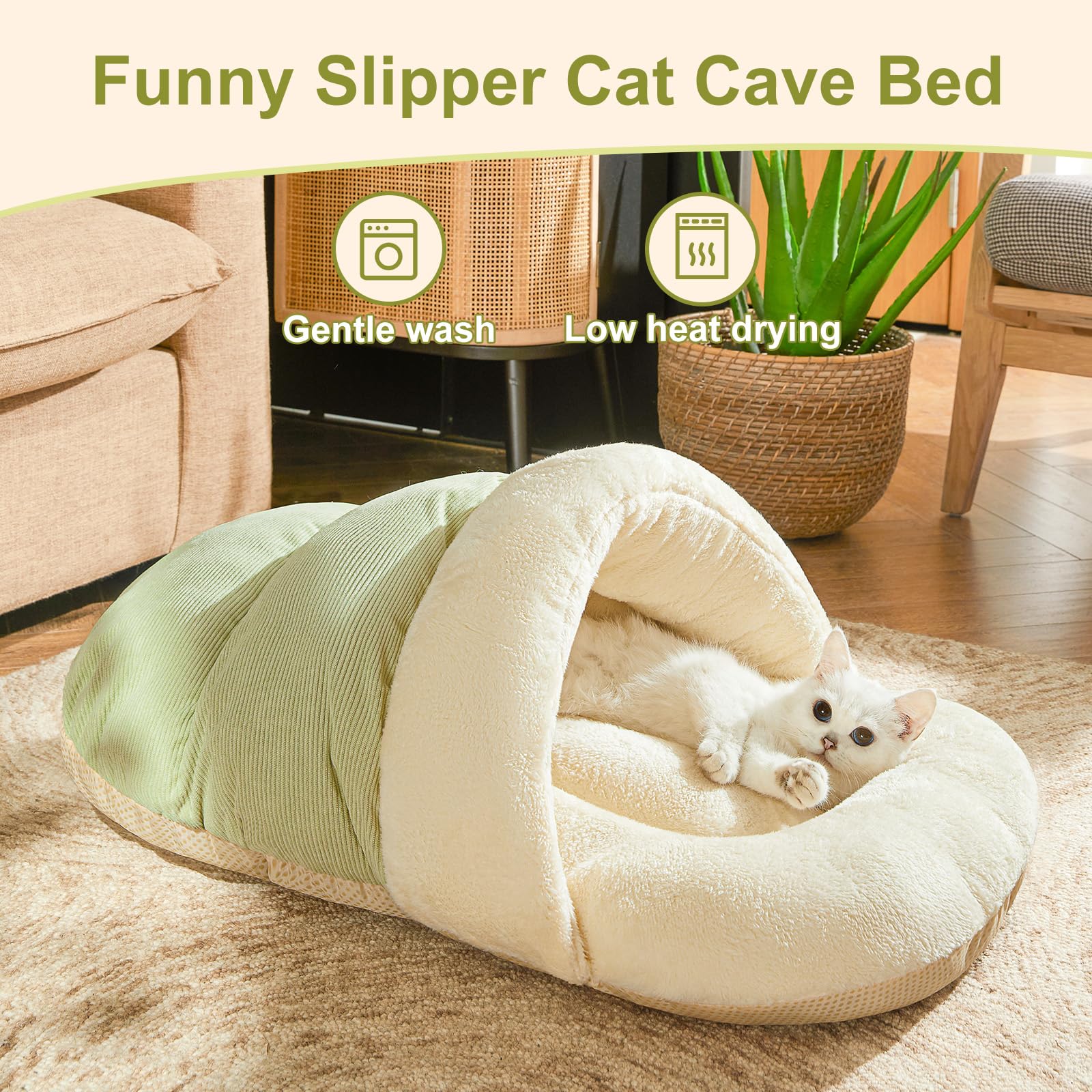 Jiupety Washable Plush Cat Bed Cave for Indoor Cats & Small Dogs - Soft Anti-Slip Pet House with Warm Nest Design - Perfect for Kittens & Puppies Up to 15lbs (Green) | Cozy Sleeping Spot for Living Room, Bedroom & Pet Travel