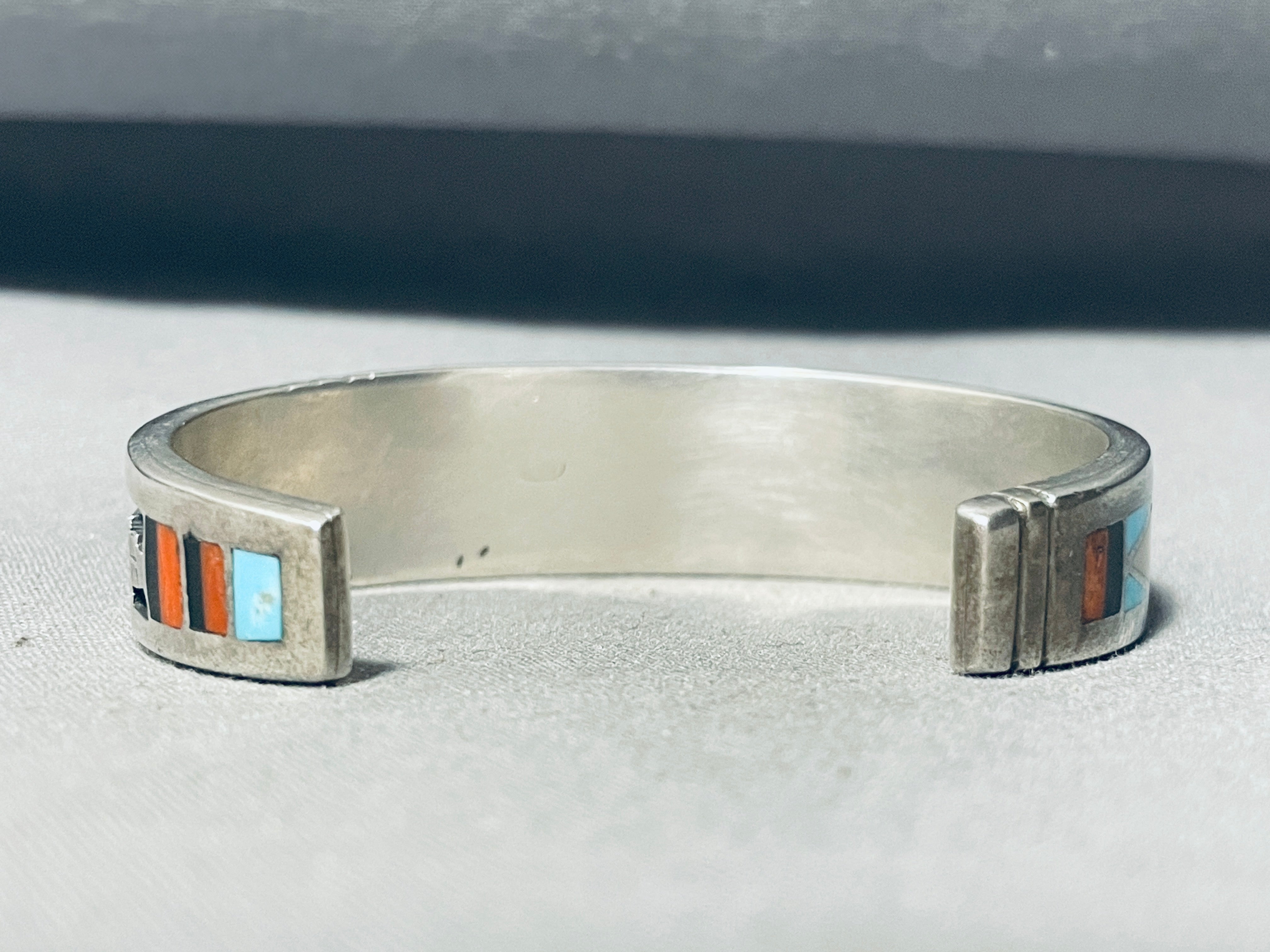 Vintage Navajo Turquoise Inlay Sterling Silver Cuff Bracelet - 6