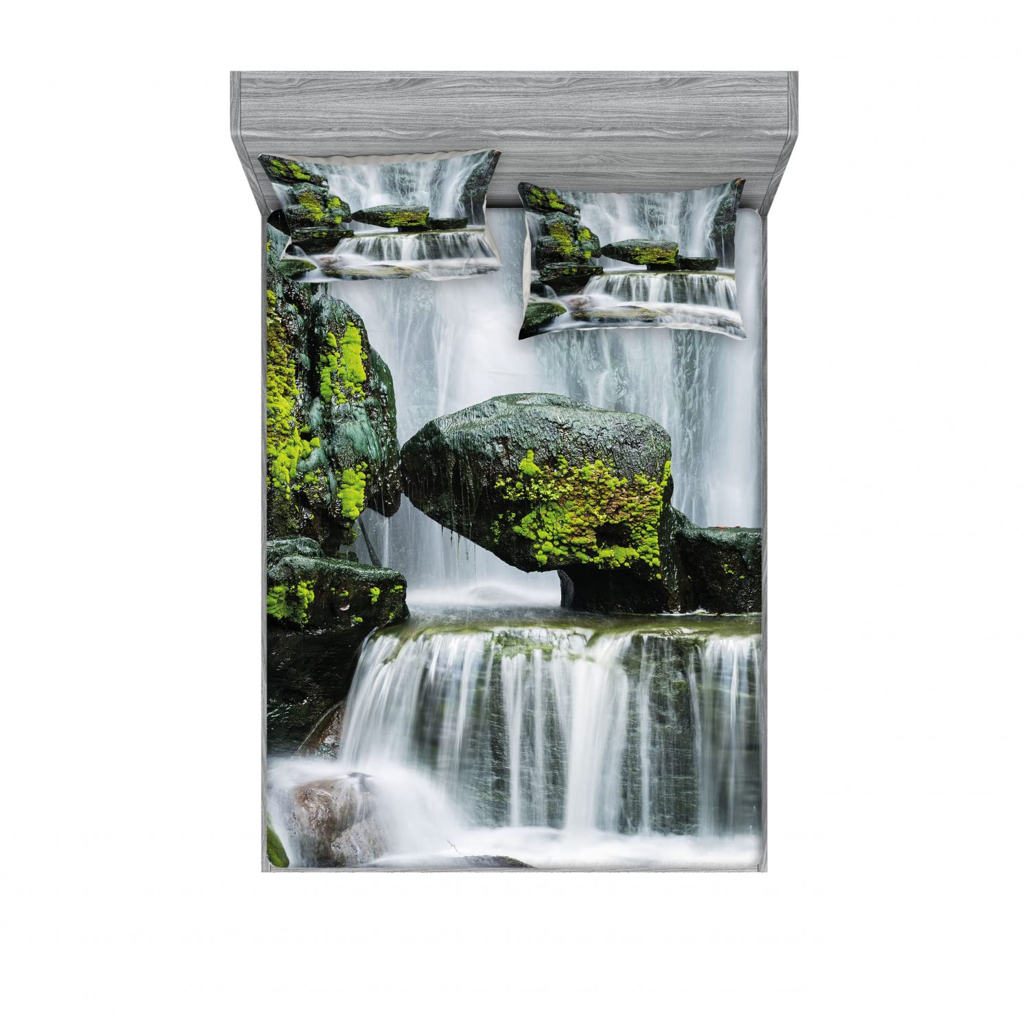 Ambesonne 2-Pack Queen Size Fitted Sheet & Pillow Sham Set - Waterfall with Rocks Design, Green Black and White 4-Piece Bedding Set for Home Decor | Perfect for Guest Rooms, Vacation Homes & Cozy Bedroom Makeovers