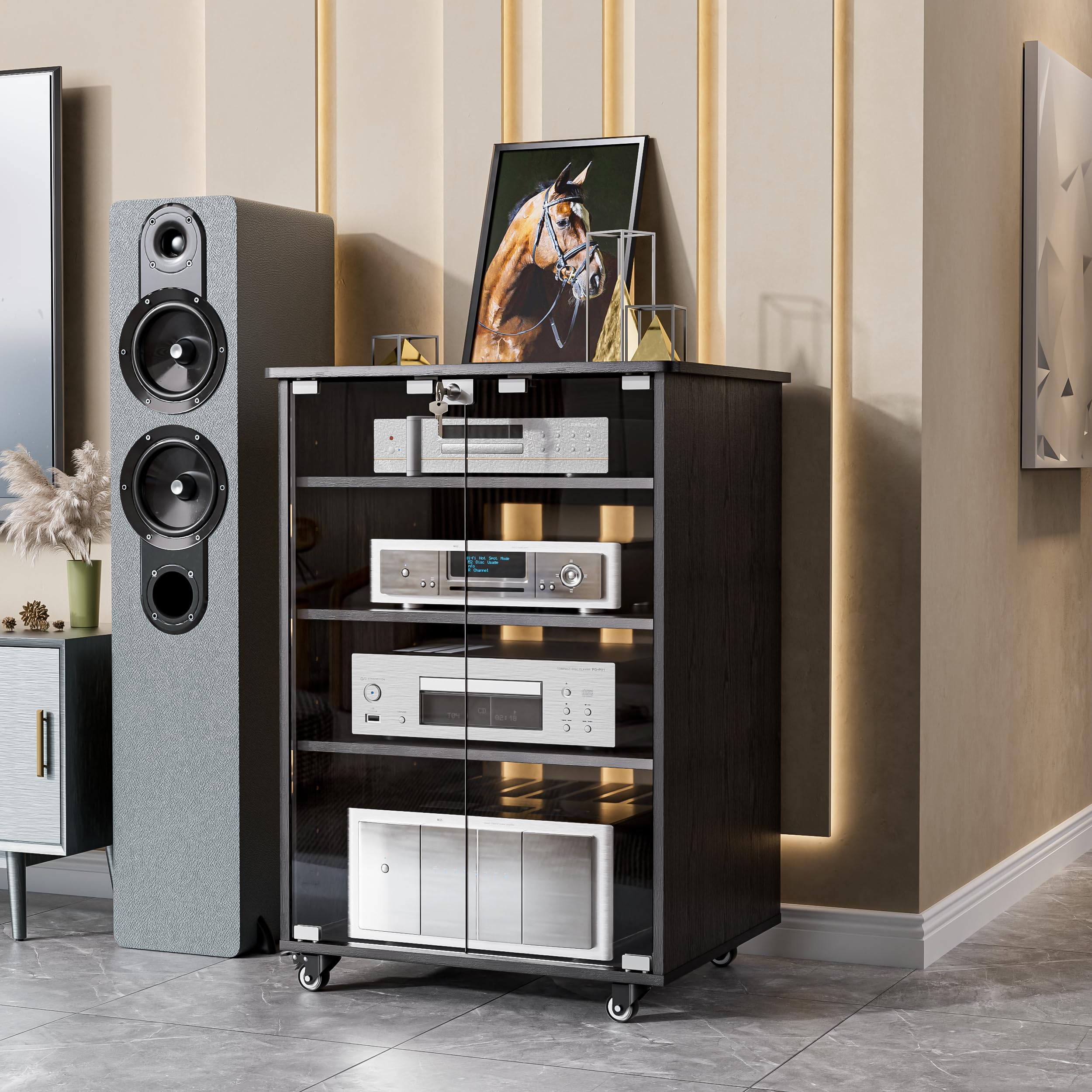 KCRET Adjustable Height Media Storage Cabinet - 4-Shelf Modern AV Stand with Glass Doors, Lock & Brake Wheels | Perfect for Living Room, Home Theater & Office Organization