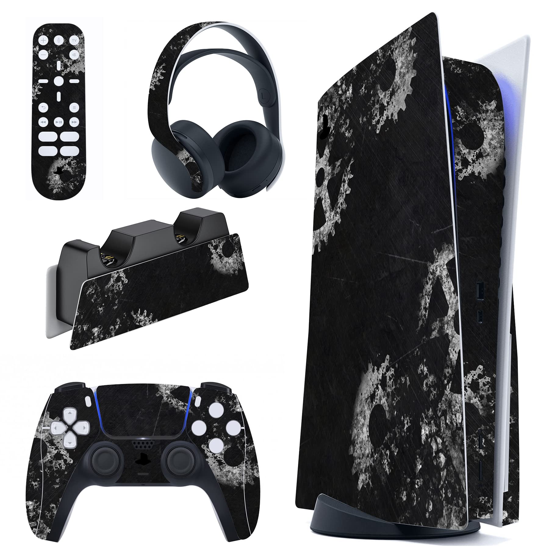 PlayVital PS5 Disc Edition Console Skin Sticker Decal Cover - Vinyl Protective Wrap for Controller, Headset & Charging Base - Scratch & Gear Design - Perfect for Gaming Setup & Home Decor