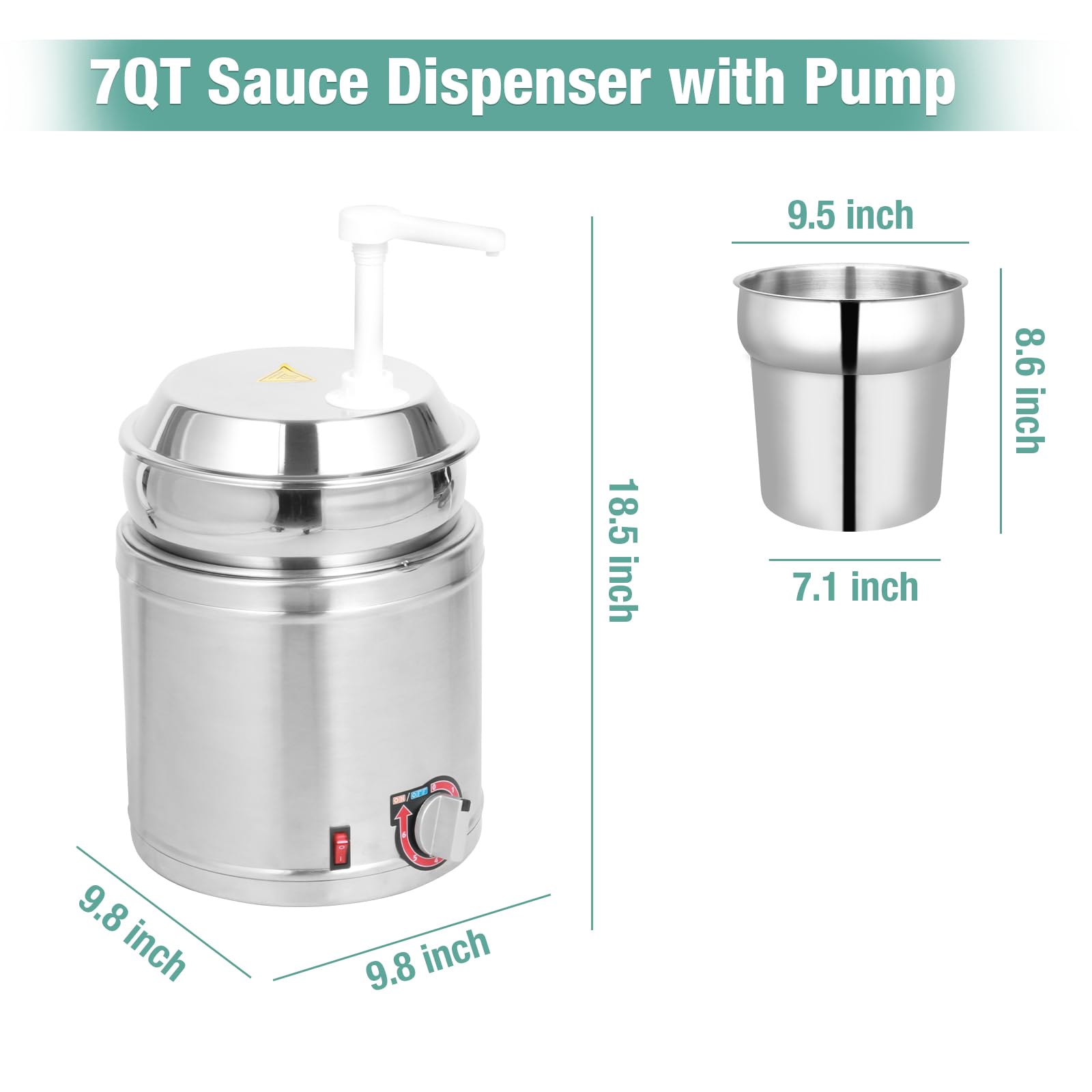 Commercial 7 QT Electric Stainless Steel Hot Fudge Dispenser with Temperature Control & Plastic Pump - 110V/200W Nacho Cheese Warmer for Buffets, Bakeries, Restaurants - Perfect for Chocolate Fountain, Caramel Sauce, and Cheese Dips at Parties, Cafes & Catering Events
