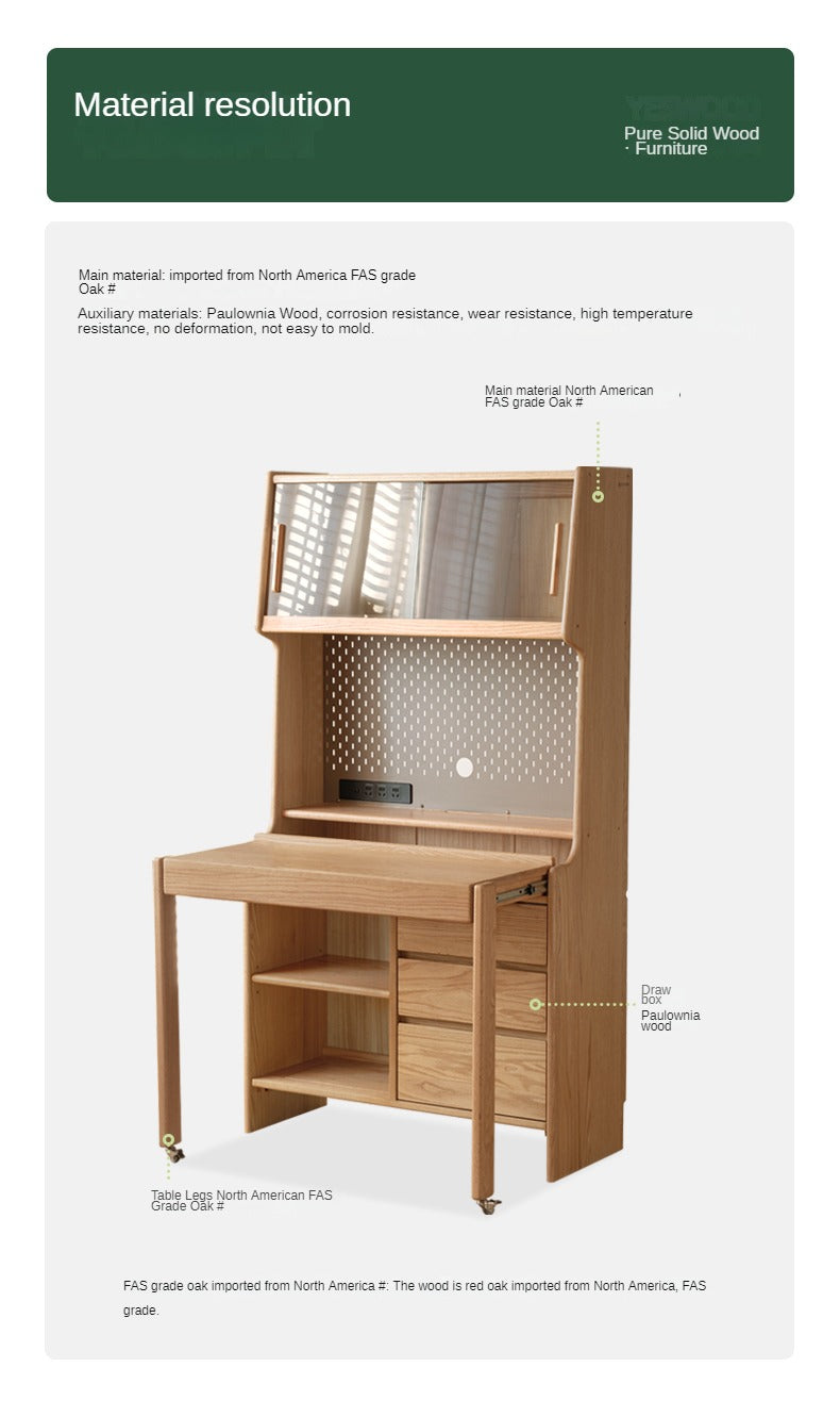 Solid Oak Wood Modern Retractable Desk with Integrated Bookcase - Home Office, Study Room, and Workspace Solution