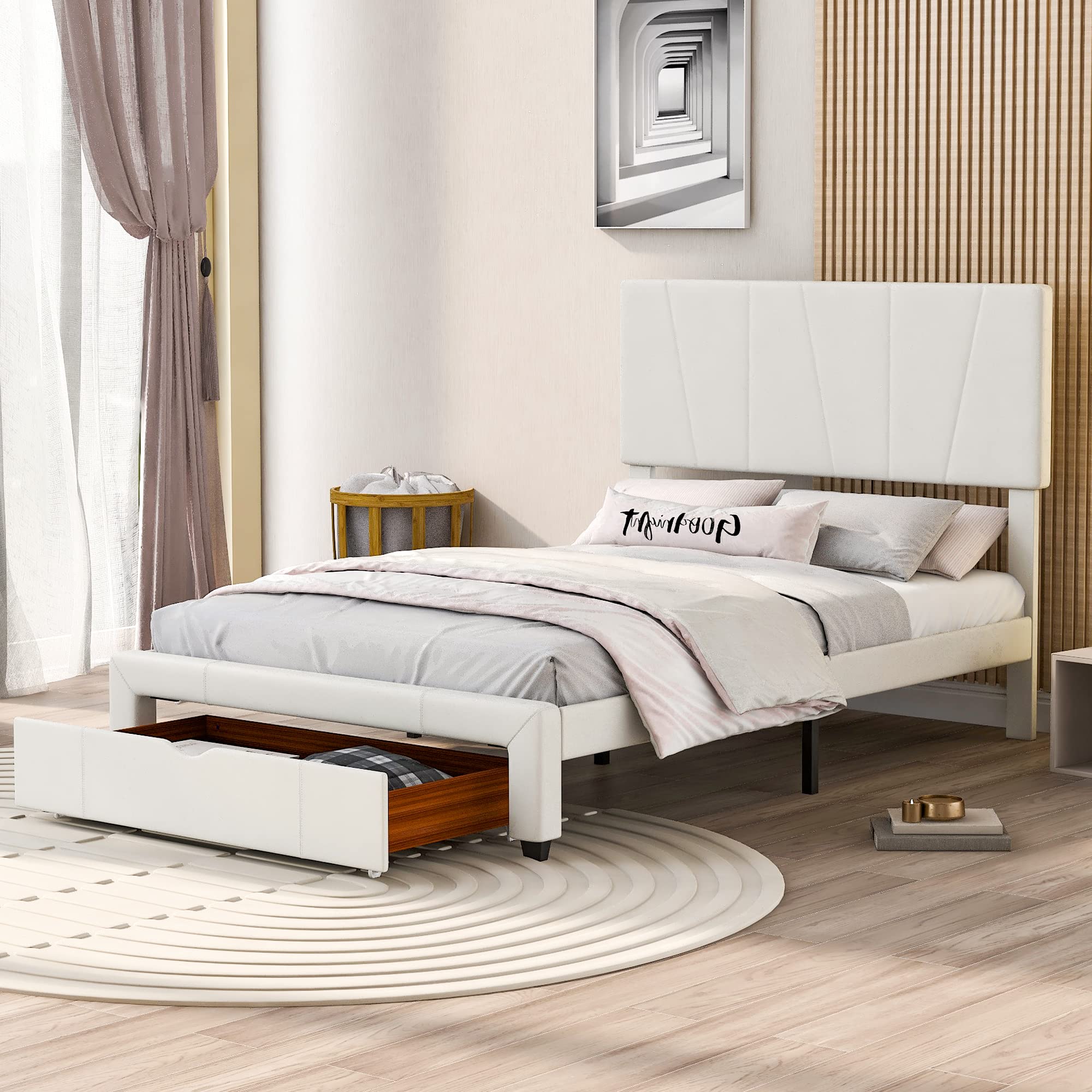 SOFTSEA Full Size Upholstered Bed Frame with Storage Drawer, Velvet Platform Bed with Adjustable Headboard - Modern Bedroom Furniture for Small Spaces & Guest Rooms