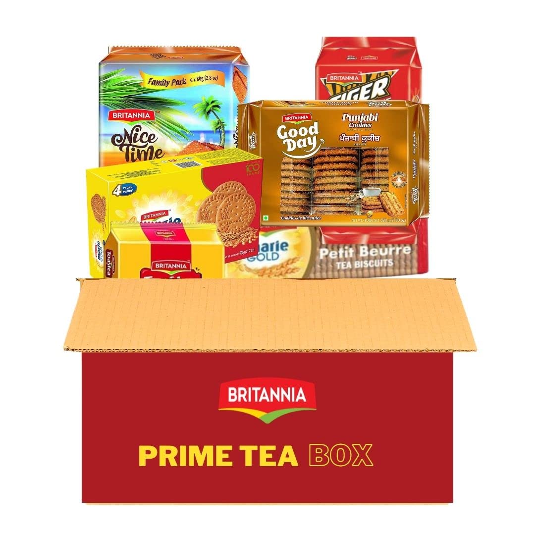 Britannia Prime Tea Value Pack - 14 Assorted Cookies & Biscuits Variety Pack | Healthy, Delicious & Crispy Snacks for Breakfast, Tea Time | Perfect Gift for Friends & Family | Enjoy with Coffee, Office Snacks or Afternoon Tea