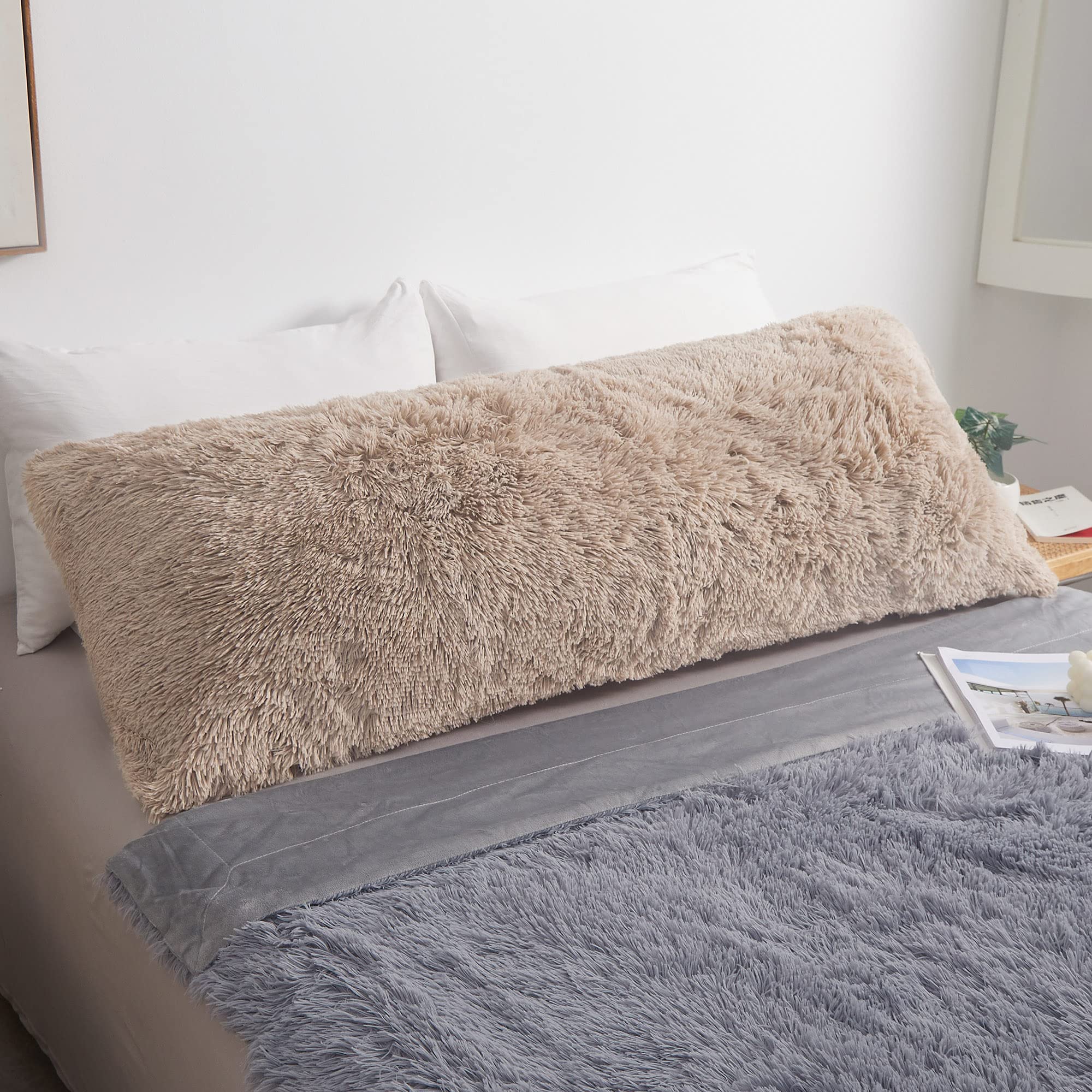 Fluffy Body Pillow Cover 20x54 Inches - Soft Shaggy Faux Fur Pillow Case with Zipper - Cozy Plush Bed Pillow Cover for Adults, Pregnant Women & Side Sleepers - Perfect for Home Decor, Nursery, Bedroom & Relaxation (Khaki)