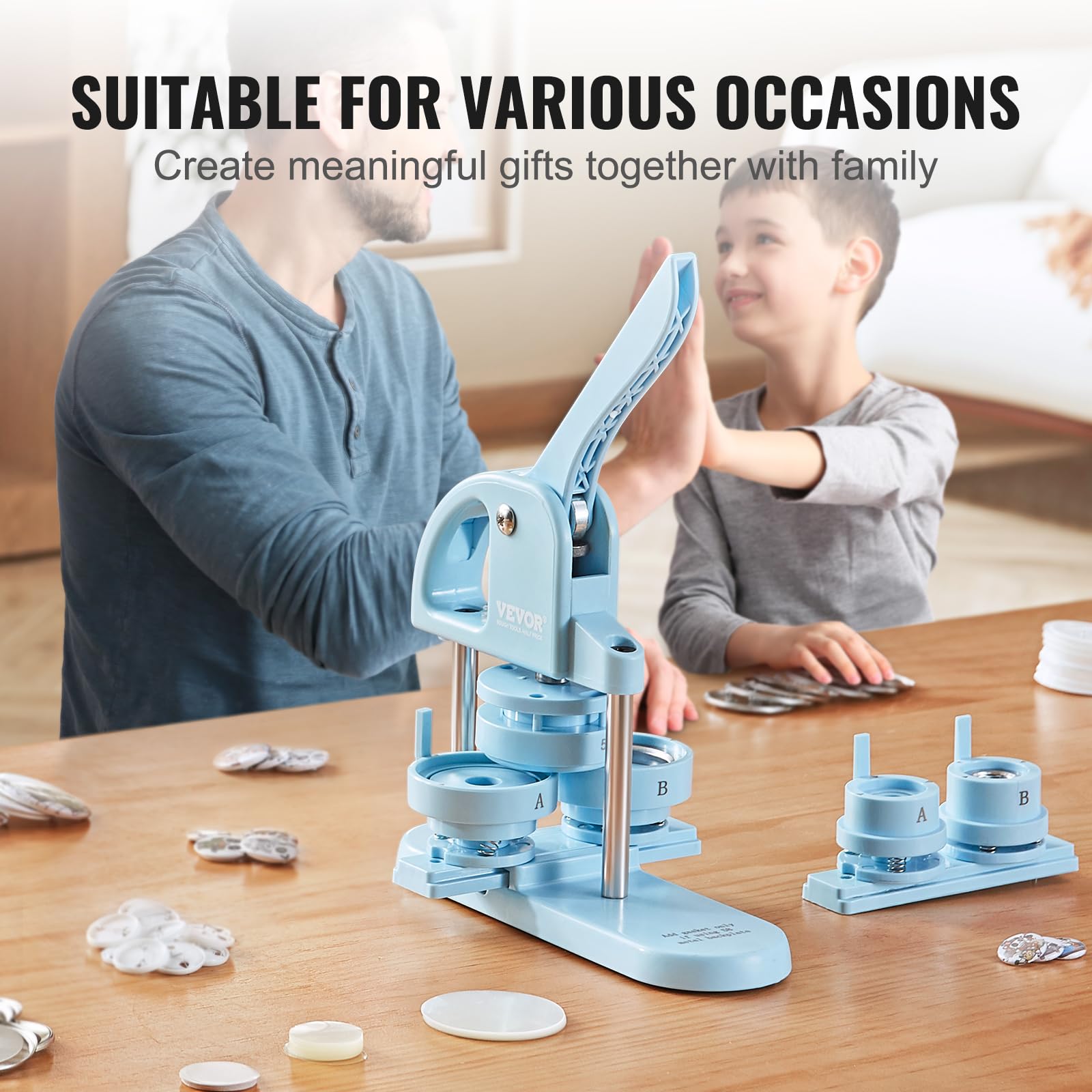 VEVOR 3-in-1 Button Maker Machine Kit - 1/1.25/2.28 Inch (25/32/58mm) Pin Badge Press with 300pcs Button Parts & Panda Magic Book - Ergonomic Arc Handle Punch Press for DIY Crafts, School Projects, Party Favors and Kids Gifts (Blue)