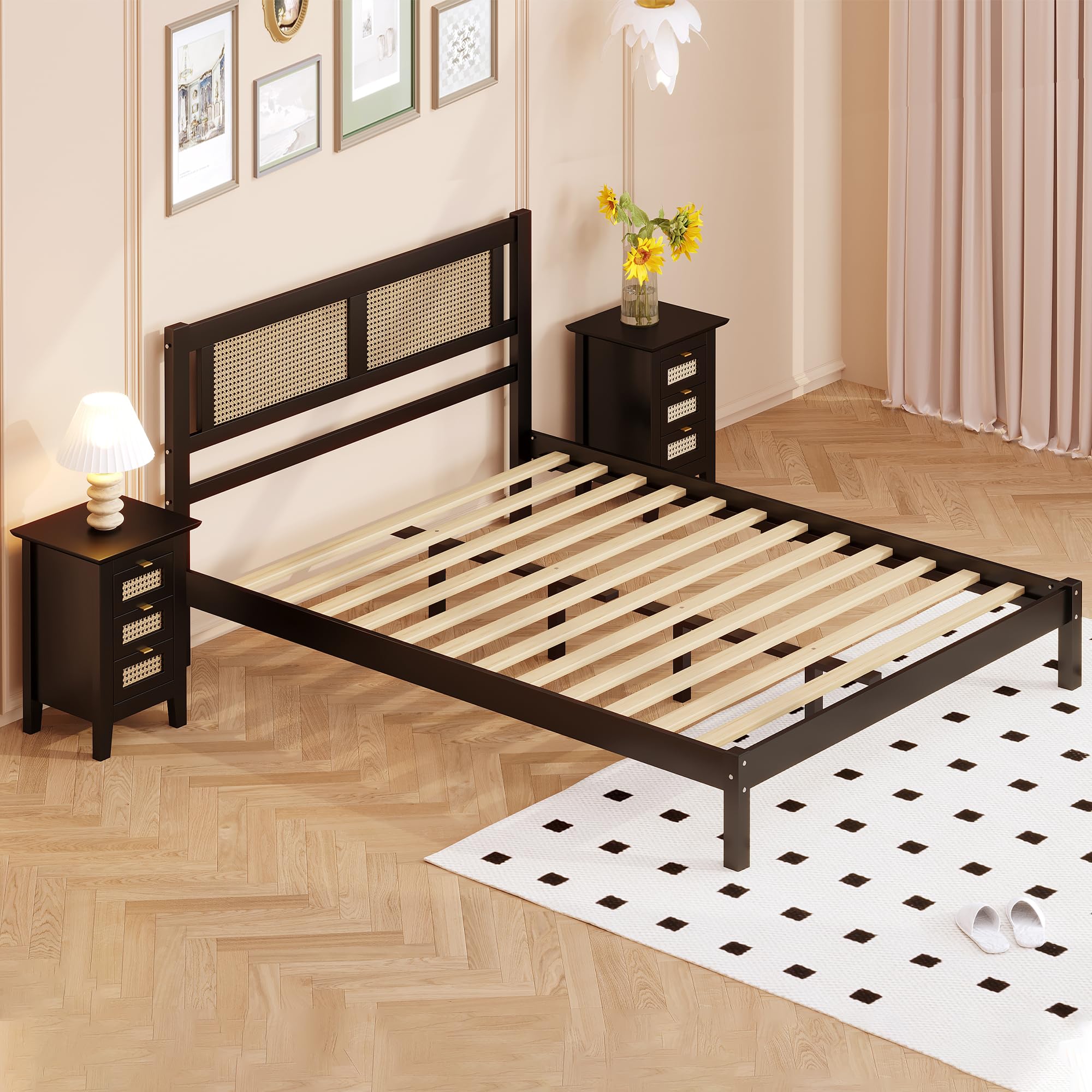 Merax Full Size Bohemian Platform Bed Frame with Wooden Headboard & 2 Rattan Nightstands - 3-Piece Bedroom Set with Storage Drawers (Black) - Perfect for Modern Boho Bedrooms, Guest Rooms & Small Spaces