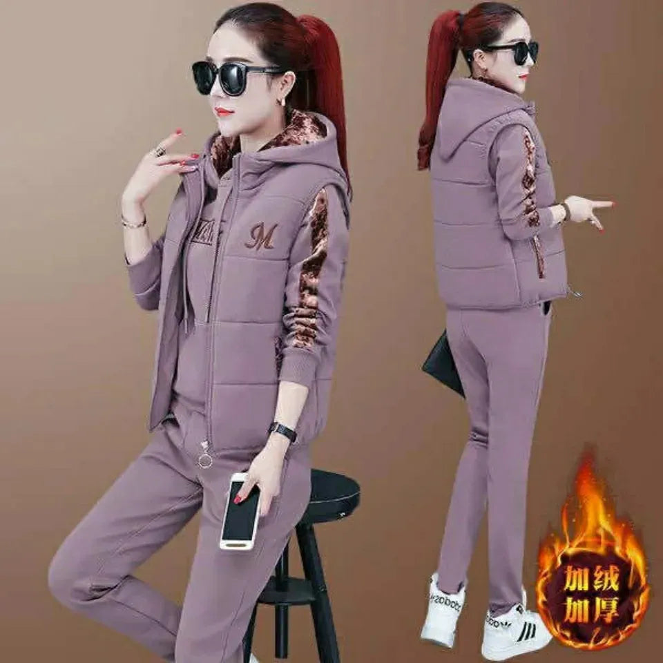 2024 Women's Winter Warm 3-Piece Tracksuit Set - Thick Fleece Hoodie, Waistcoat & Pants for Casual Outfits | Cozy Fall & Winter Loungewear, Gym, Travel & Everyday Wear