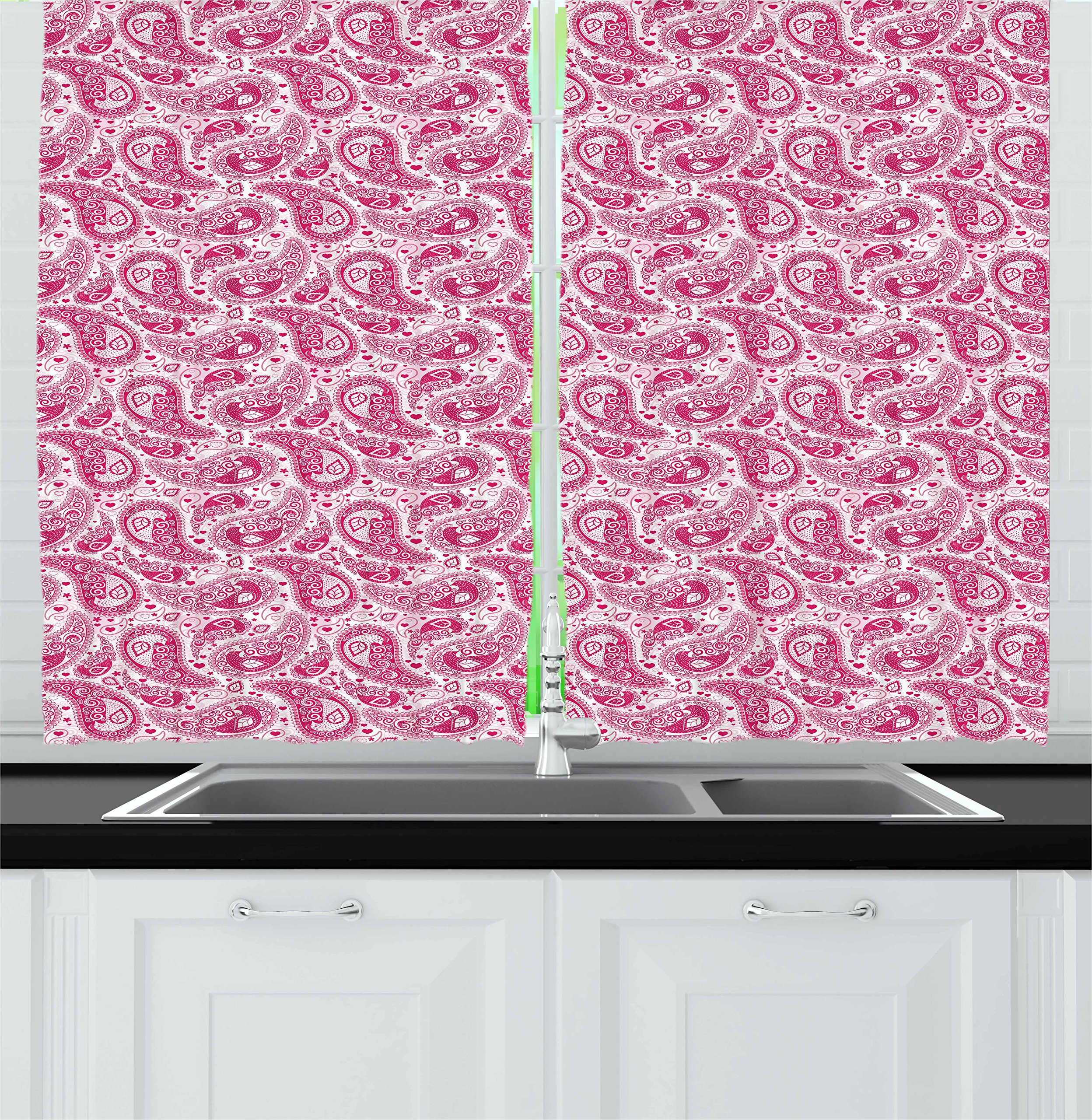 Ambesonne Bohemian Kitchen Curtains - Vintage Abstract Leaf Design in Pink & White, 55
