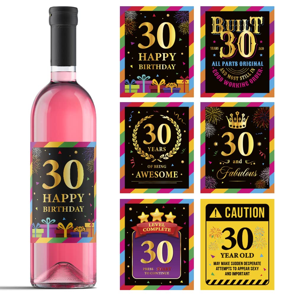 30th Birthday Wine Bottle Labels - Set of 6 Personalized Wine Stickers for 30 Year Old Birthday Party Decorations, Anniversary Gifts & Celebration Supplies - Perfect for Wine Lover Birthday Gifts, 30th Milestone Parties & Special Occasion Decor