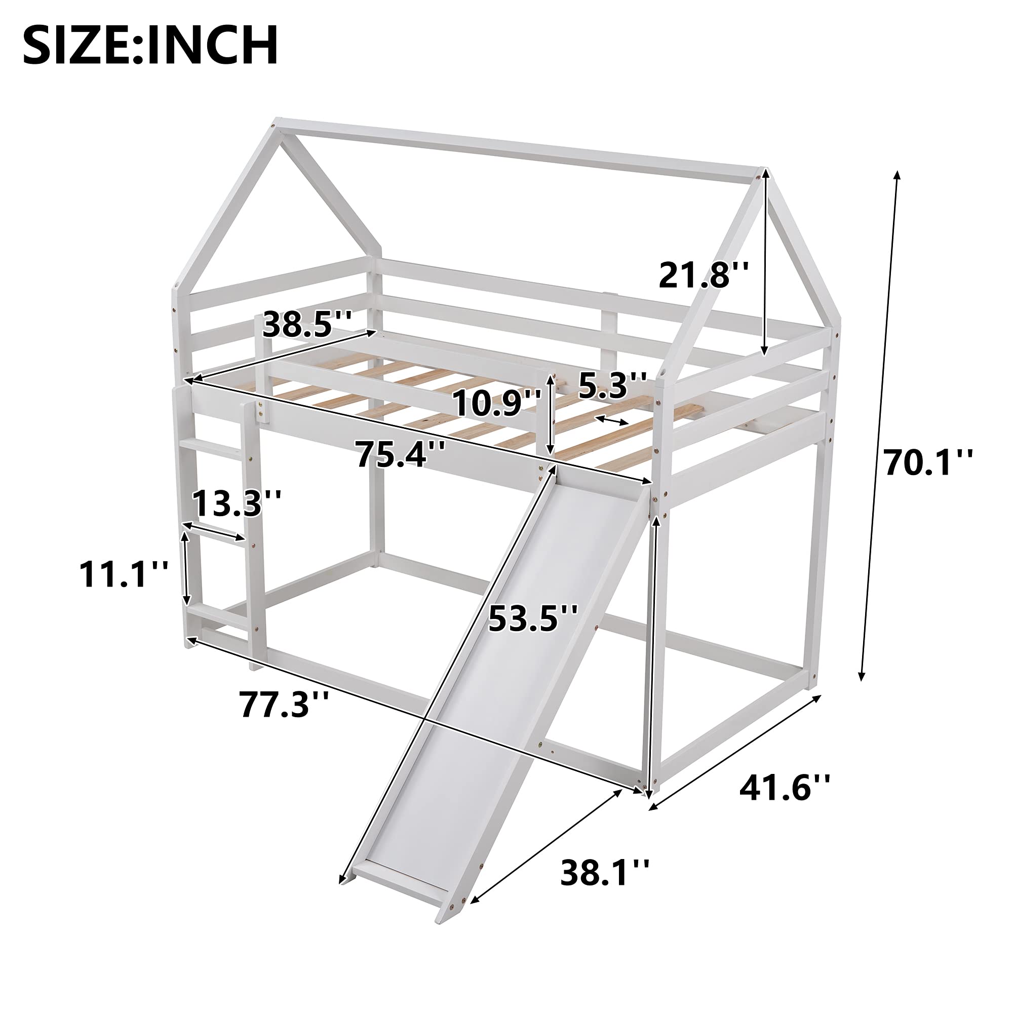 Kids Twin Over Twin House Shape Bunk Bed with Slide - Convertible to Tent, White Wooden Loft Bed for Boys & Girls Bedroom, Dormitory, Playroom - Fun & Space-Saving Children's Furniture