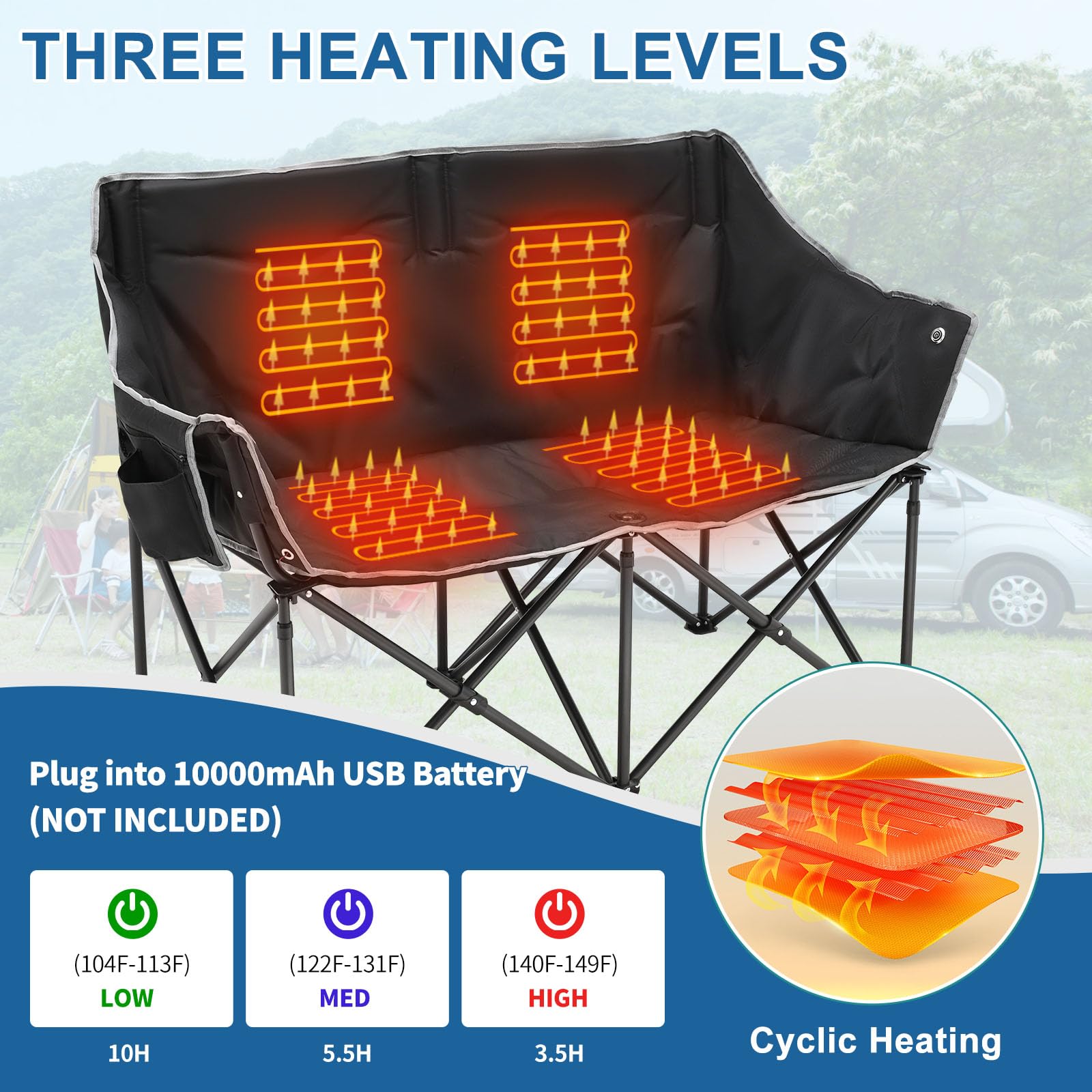 SLSY Oversized Heated 2-Person Camping Chair - Double Folding Loveseat with Padded Seat & Carry Bag - Perfect for Outdoor Camping, Picnics, Beach, Backyard & Tailgating